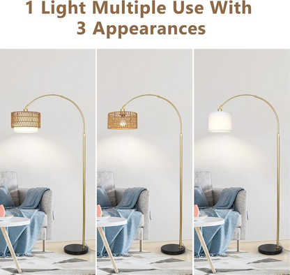 Modern LED arc floor lamp with dimmable feature, featuring rattan and linen shades for stylish lighting in living spaces.