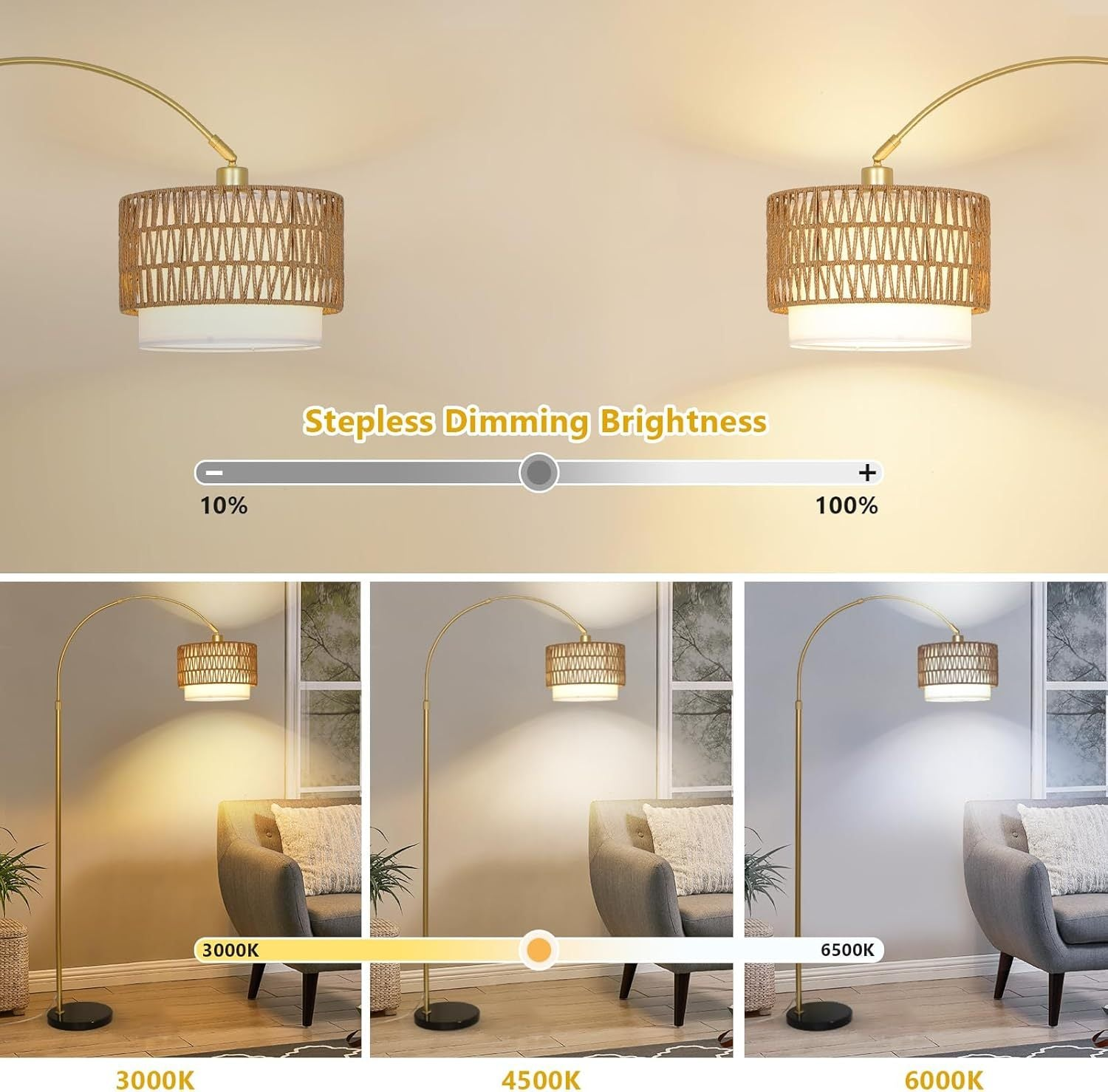 Start2Finish Arc floor lamp with modern LED, dimmable standing design featuring rattan and linen shades, stylish home lighting.