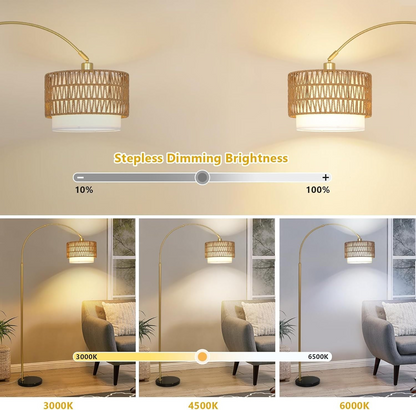 Start2Finish Arc floor lamp with modern LED, dimmable standing design featuring rattan and linen shades, stylish home lighting.