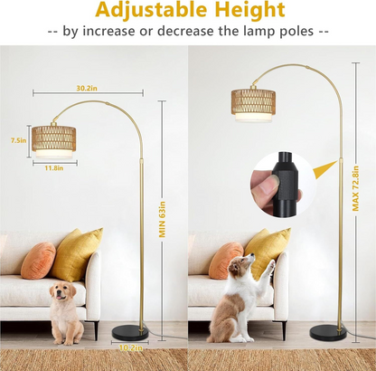 Modern Start2Finish arc floor lamp with LED, dimmable, featuring rattan and linen shades for stylish ambient lighting.