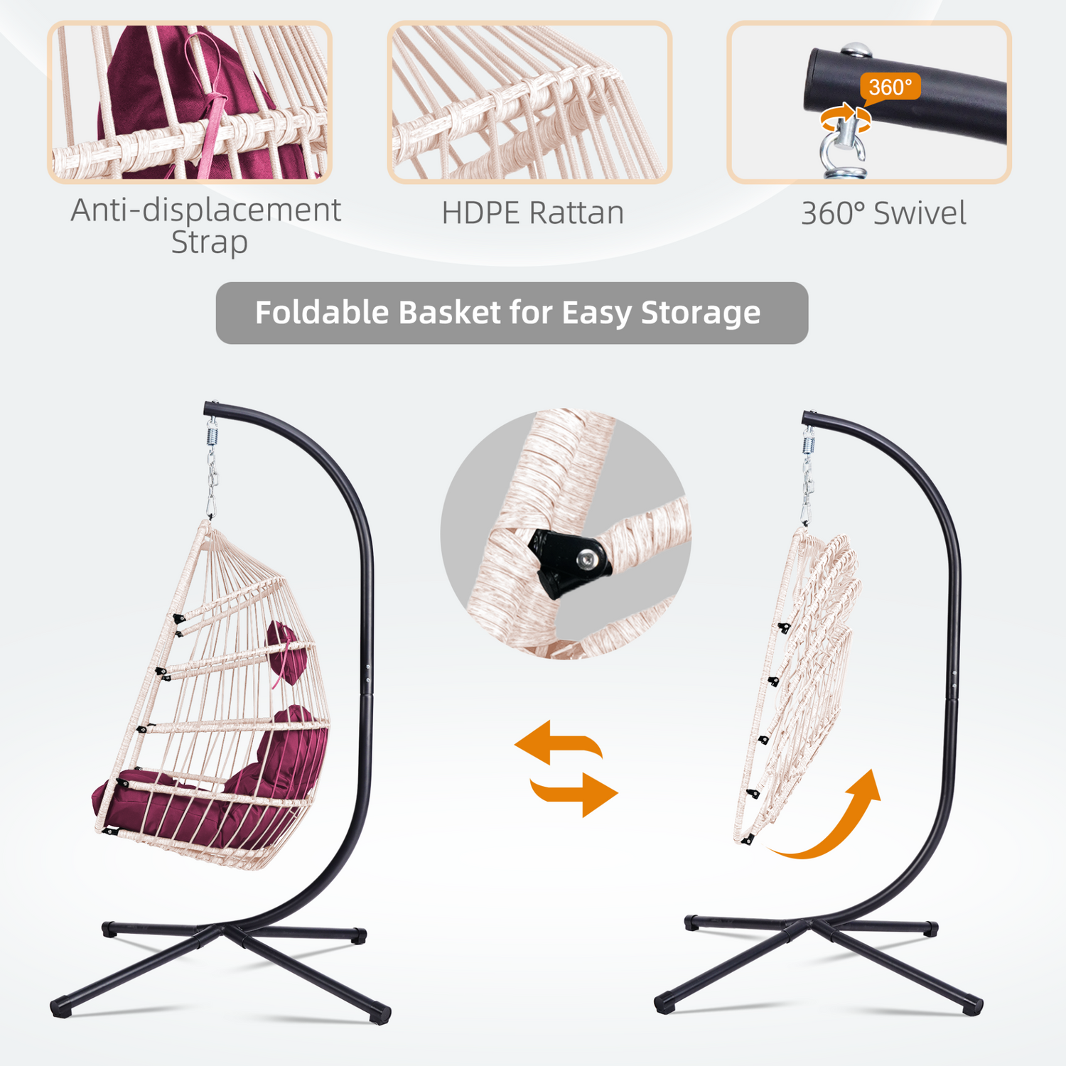 Outdoor hanging egg chair with stand, wicker rattan swing with cushion, ideal for patio relaxation and stylish outdoor furniture.