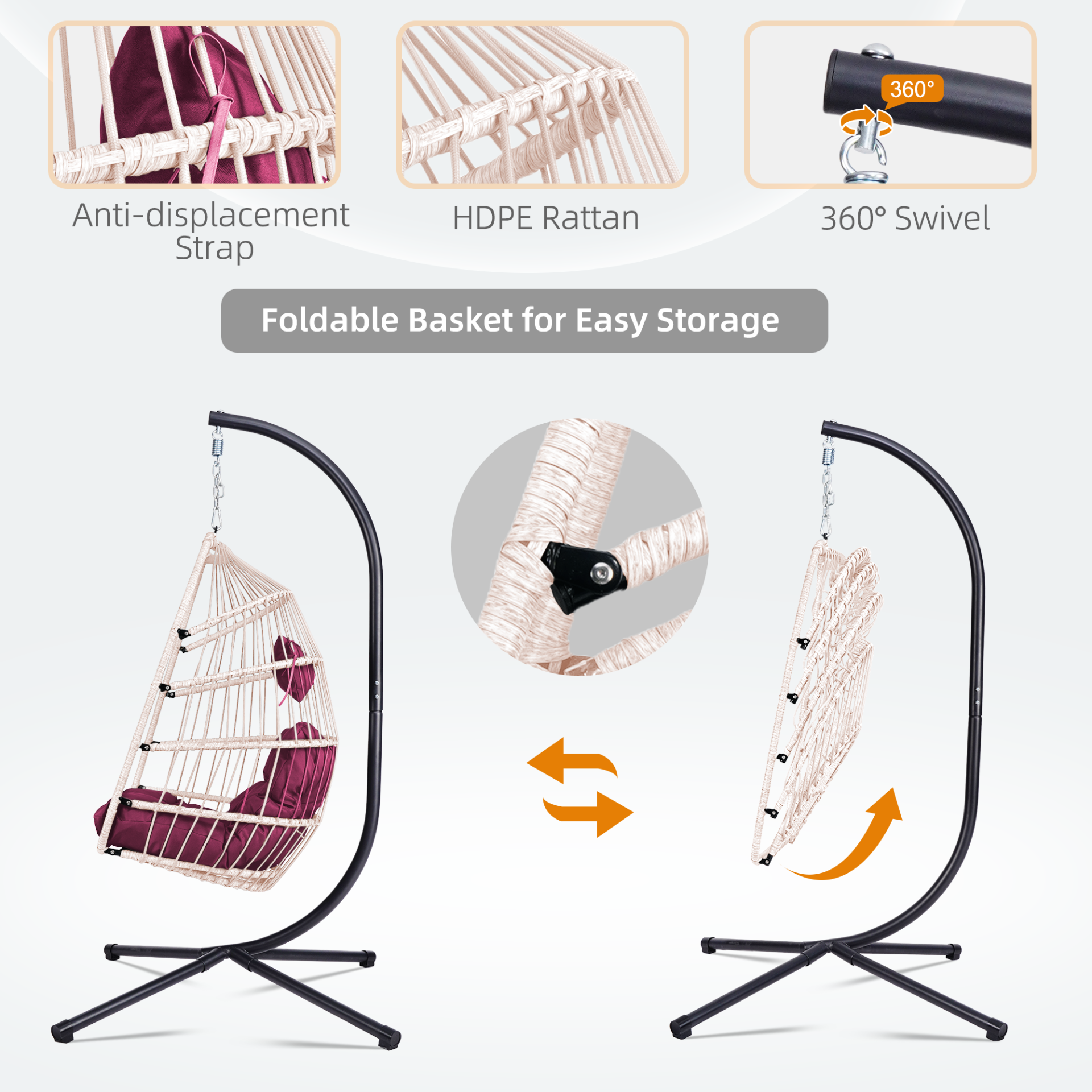 Outdoor hanging egg chair with stand, wicker rattan swing with cushion, ideal for patio relaxation and stylish outdoor furniture.