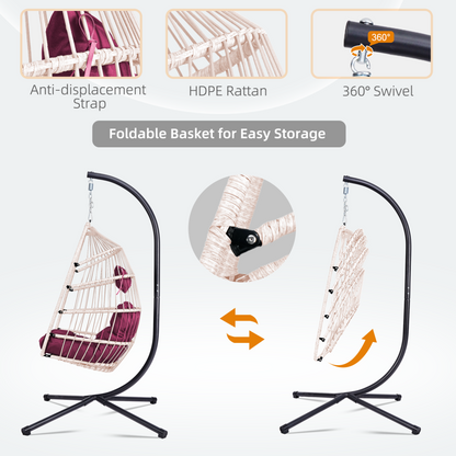 Outdoor hanging egg chair with stand, wicker rattan swing with cushion, ideal for patio relaxation and stylish outdoor furniture.