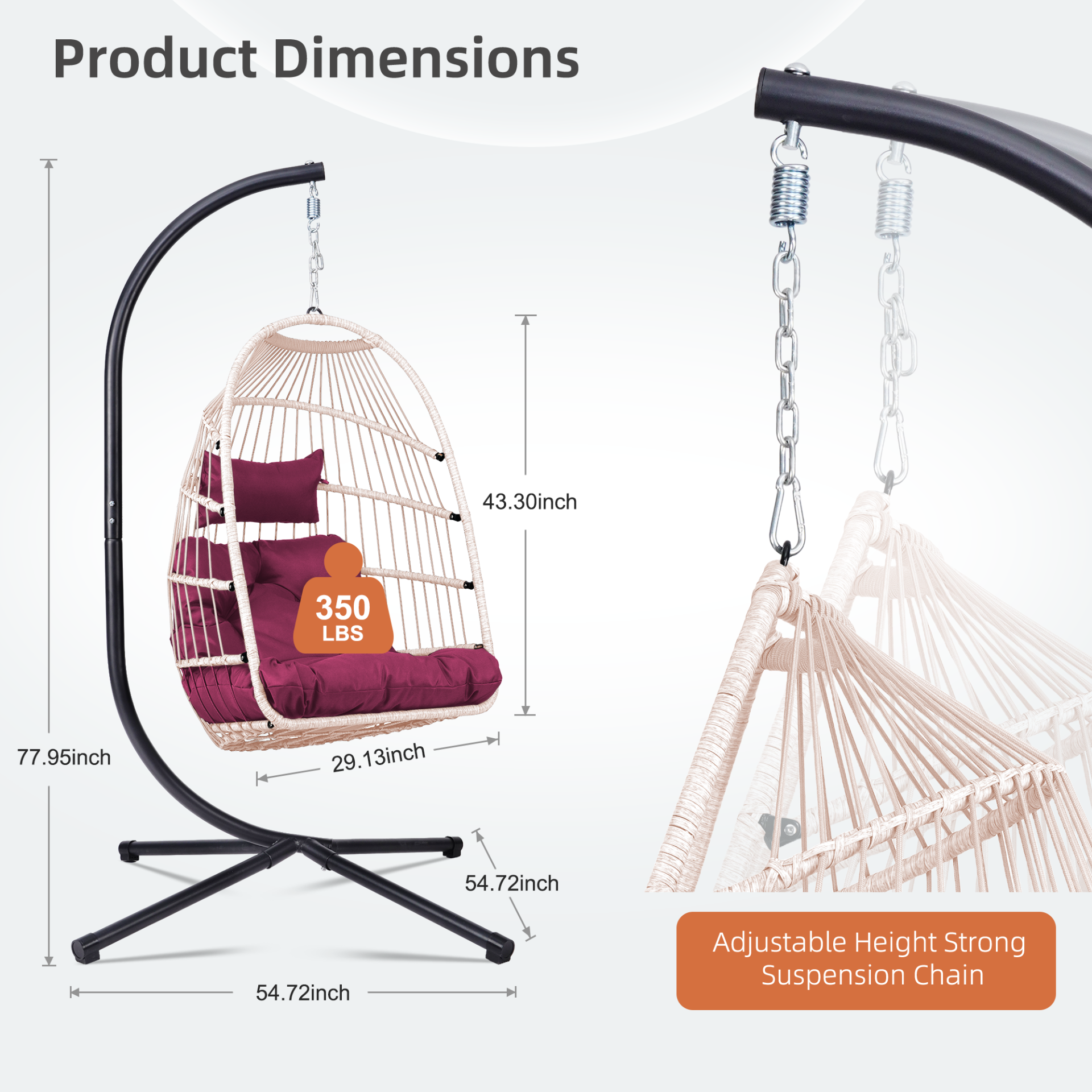 Outdoor hanging egg chair with stand, wicker rattan swing with cushion, perfect for patio relaxation and outdoor furniture.