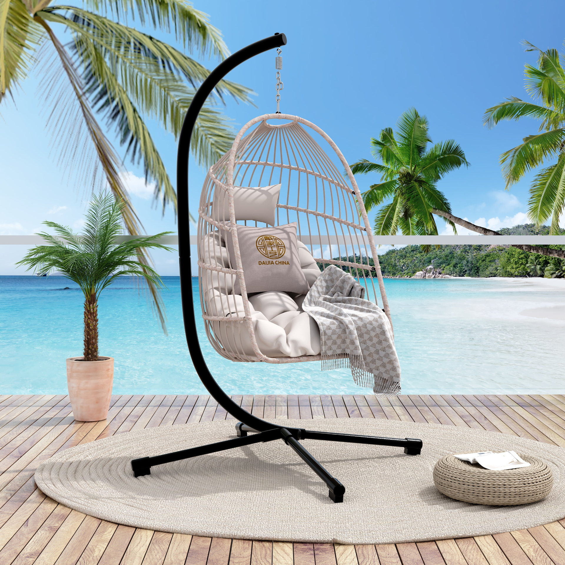 Outdoor hanging egg chair with stand, wicker rattan swing with cushion, perfect for patio relaxation and stylish outdoor furniture.