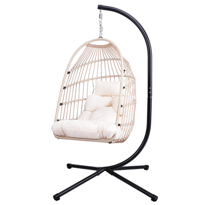 Outdoor hanging egg chair with stand, wicker rattan swing with cushion, suitable for patio relaxation, by Start2Finish.