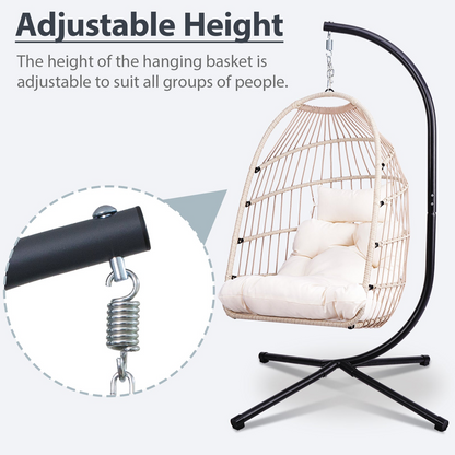 Outdoor hanging egg chair with stand, wicker rattan swing with cushion, ideal for patio relaxation from Start2Finish furniture.