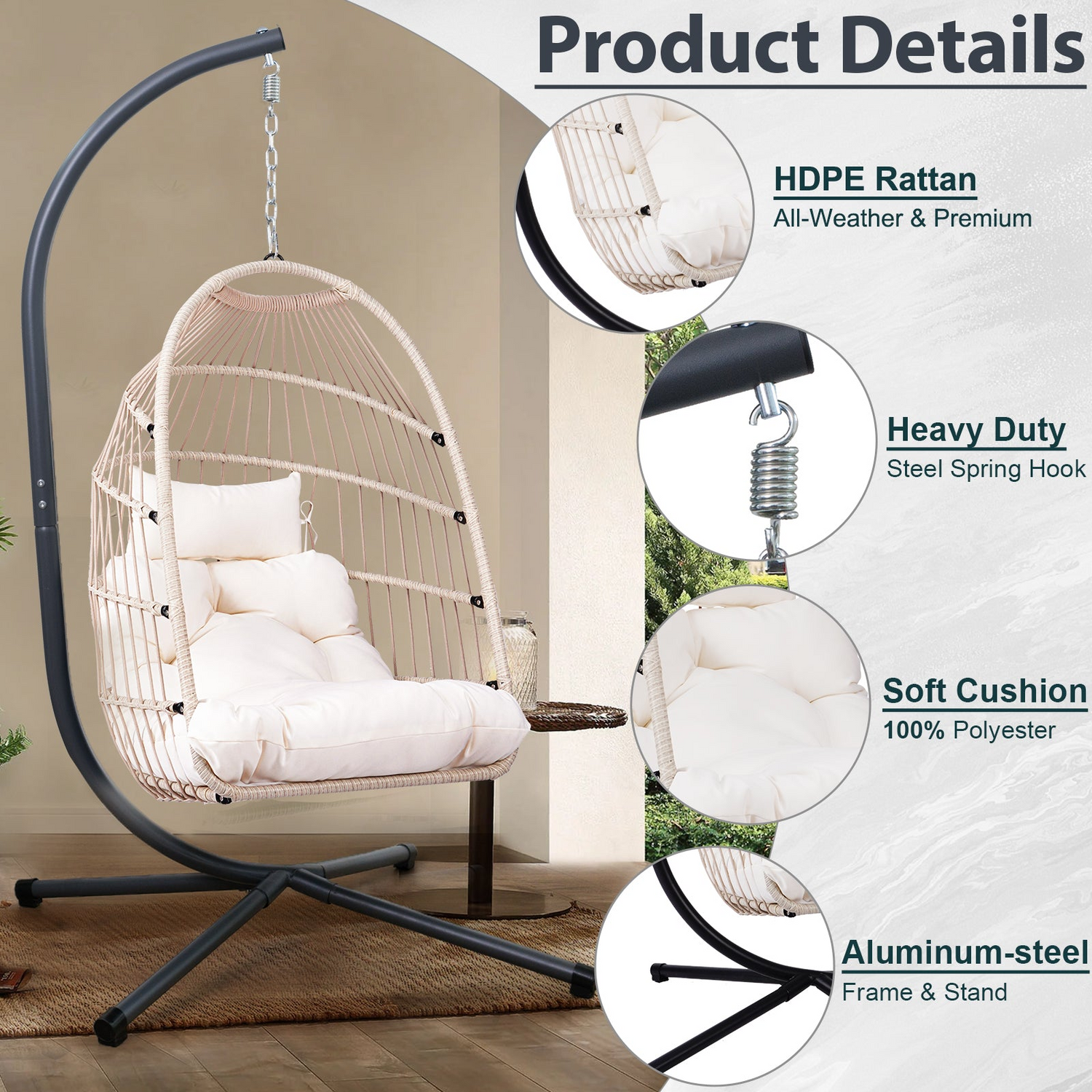 Outdoor hanging egg chair with stand, patio wicker rattan swing with cushion, by Start2Finish, for relaxing outdoor furniture.