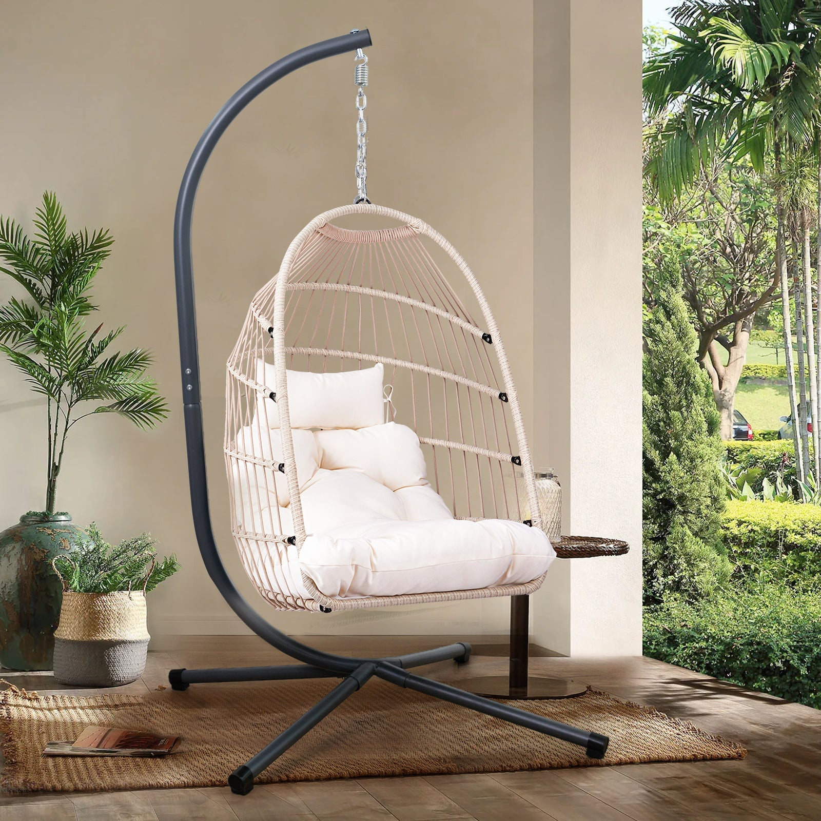 Start2Finish outdoor hanging egg chair with stand, wicker rattan patio swing with cushion for relaxing outdoor furniture.