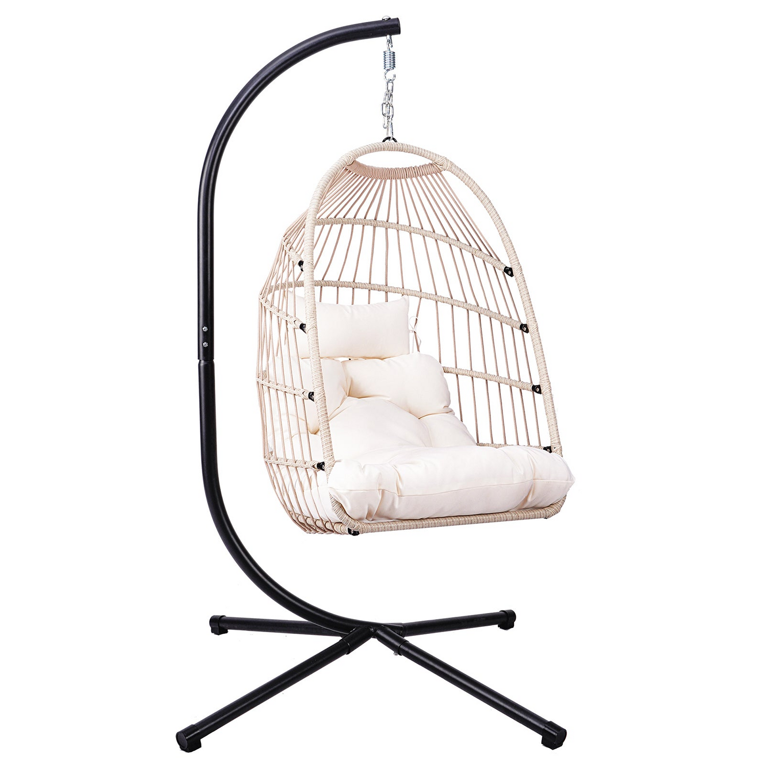 Outdoor hanging egg chair with stand, wicker rattan swing with cushion, perfect for patio relaxation and outdoor furniture.