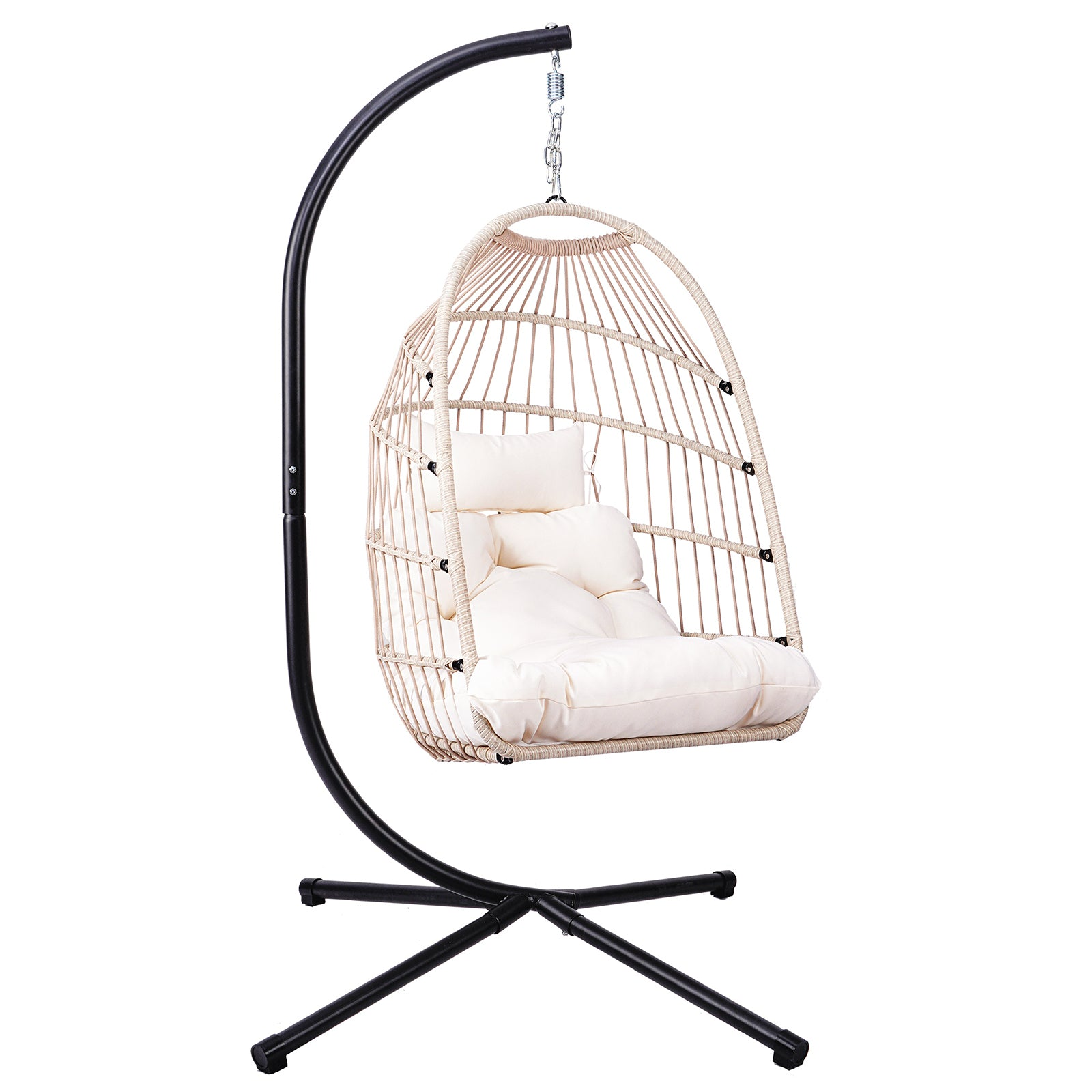 Outdoor hanging egg chair with stand, wicker rattan swing with cushion, perfect for patio relaxation and outdoor furniture.
