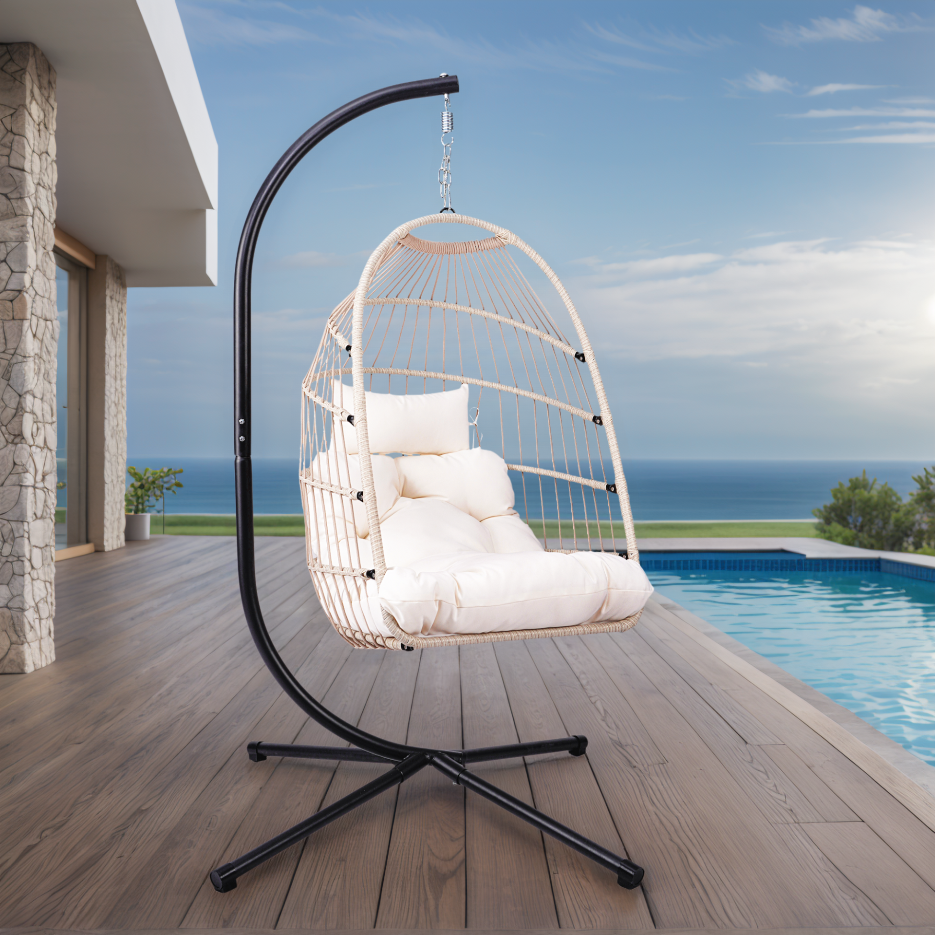 Outdoor hanging egg chair with stand, wicker rattan swing with cushion, perfect for patio relaxation and stylish outdoor furniture.