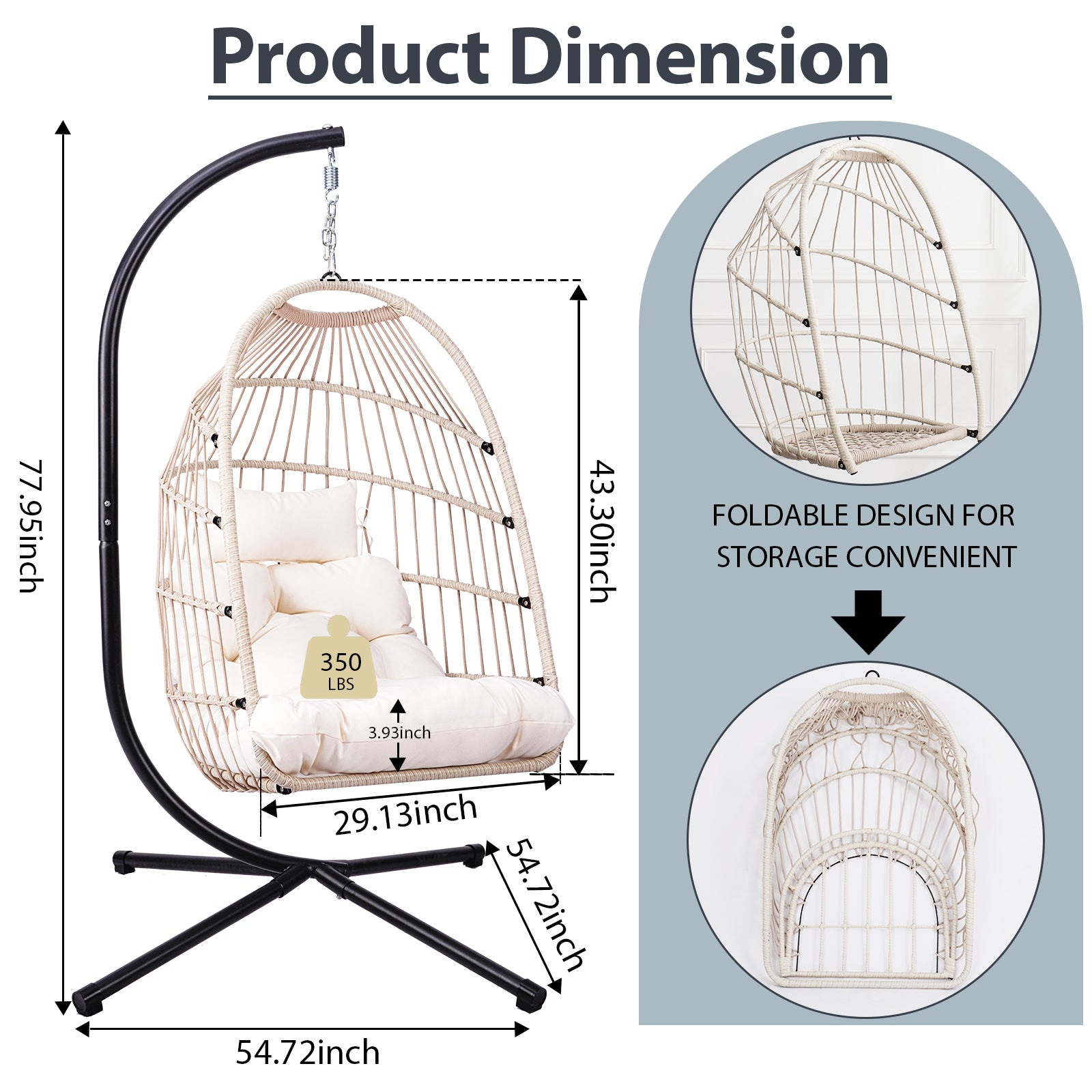 Outdoor hanging egg chair with stand, wicker rattan swing with cushion, perfect for patio relaxation by Start2Finish.