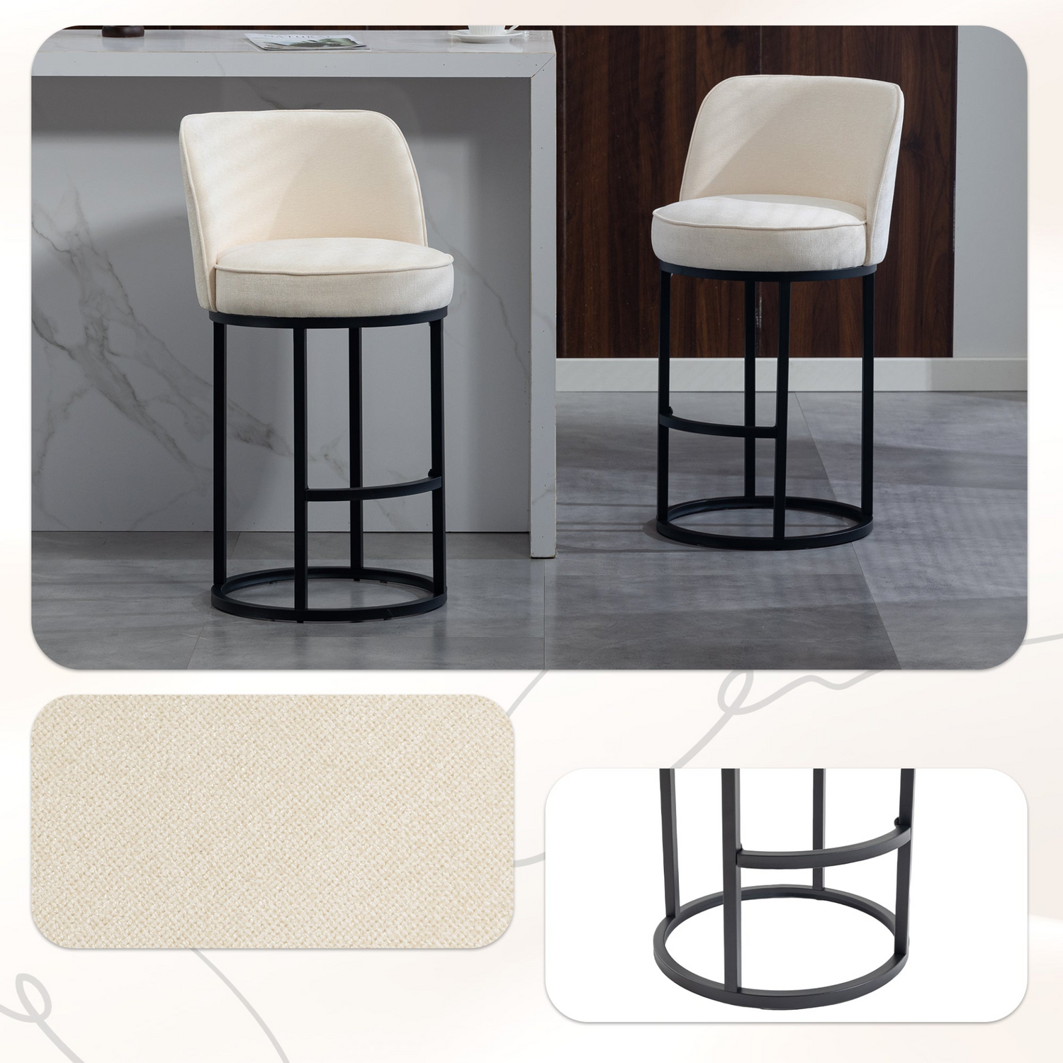 Modern barrel upholstered accent bar stools with backrests, stylish home seating furniture by Start2Finish.