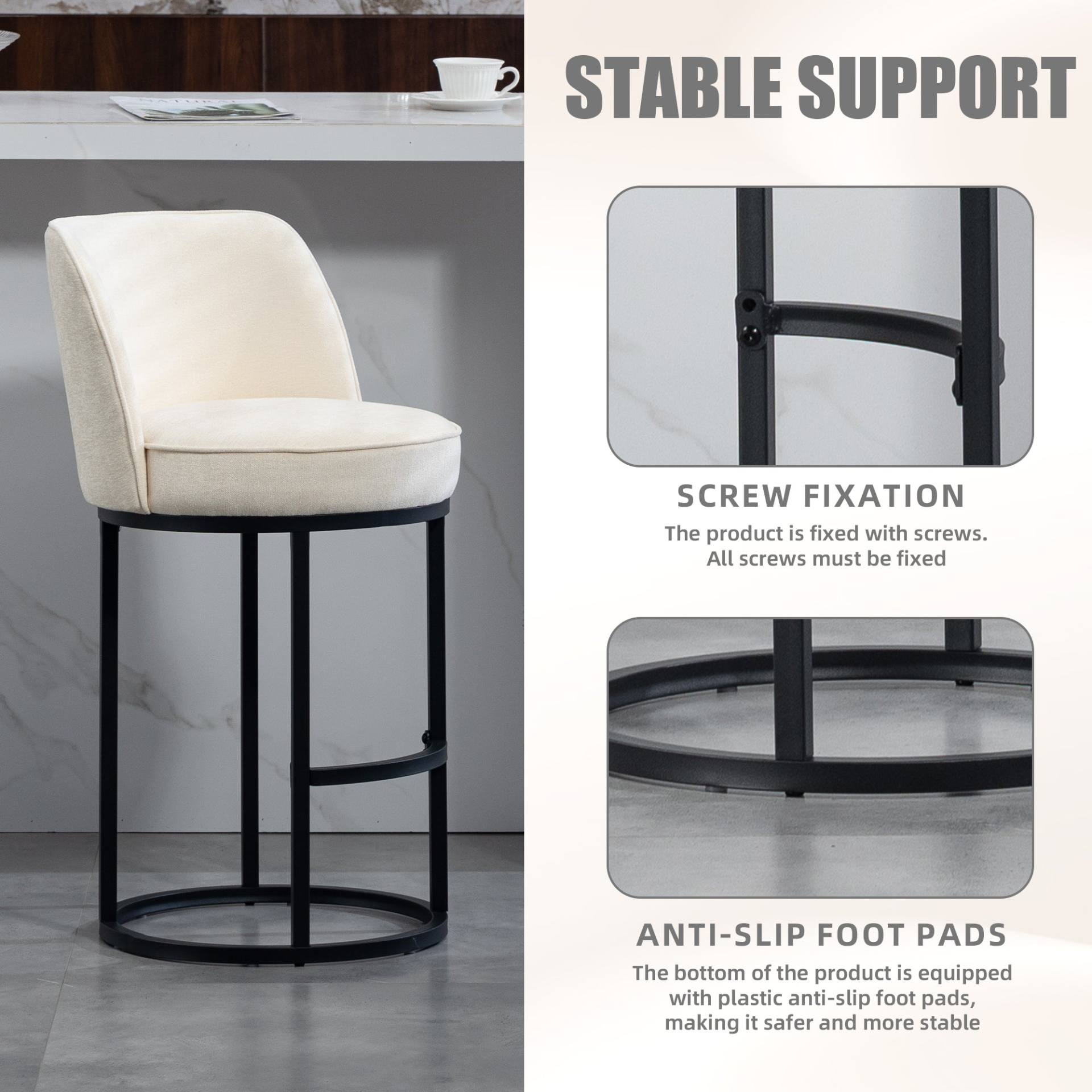 Modern barrel upholstered accent bar stool with backrest from Start2Finish, stylish home seating furniture in neutral fabric.
