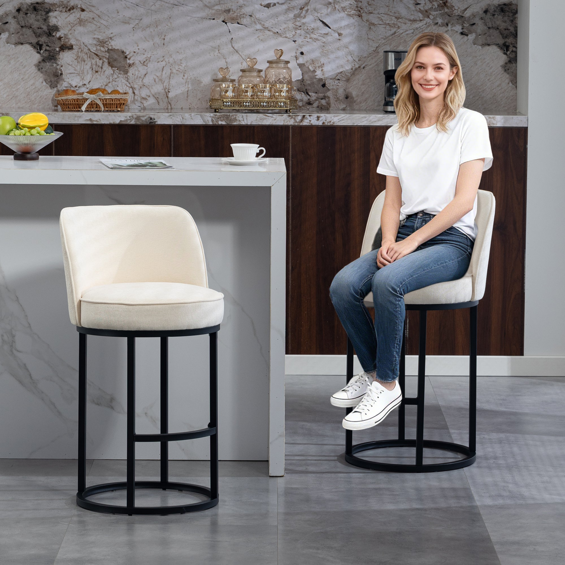 Modern Start2Finish barrel upholstered accent bar stools with backrests, showcasing stylish home seating in a contemporary design.