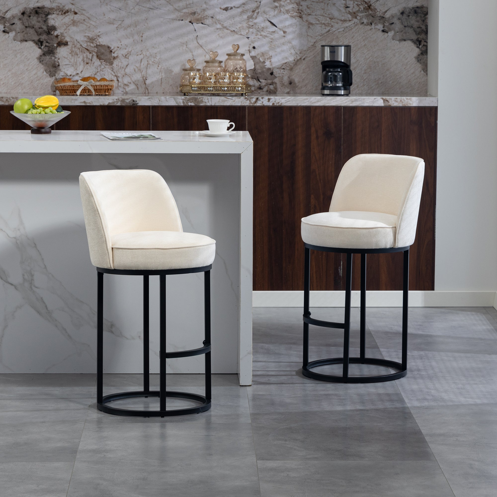 Modern barrel upholstered accent bar stool with backrest, stylish home furniture by Start2Finish.