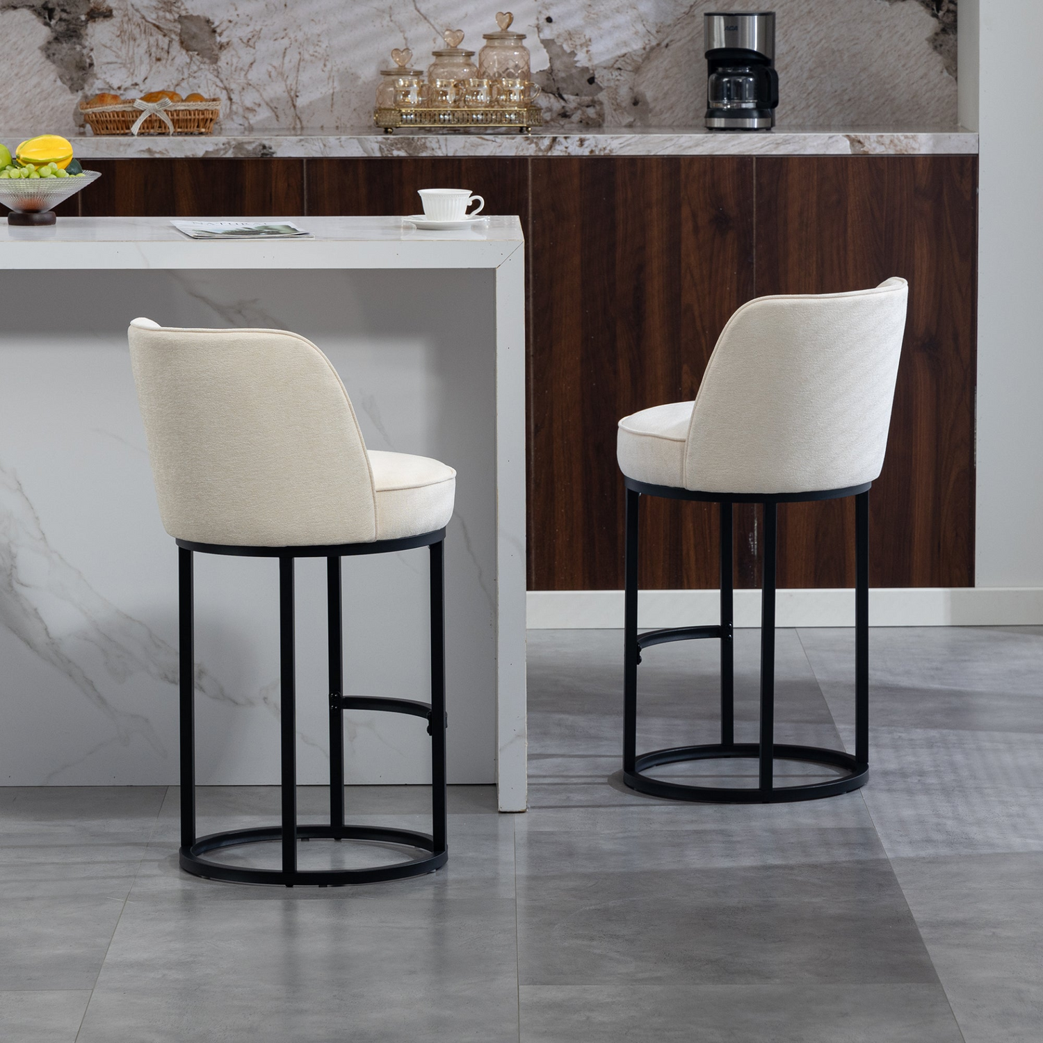 Modern barrel upholstered accent bar stools with backrests from Start2Finish, stylish home seating for contemporary interiors.