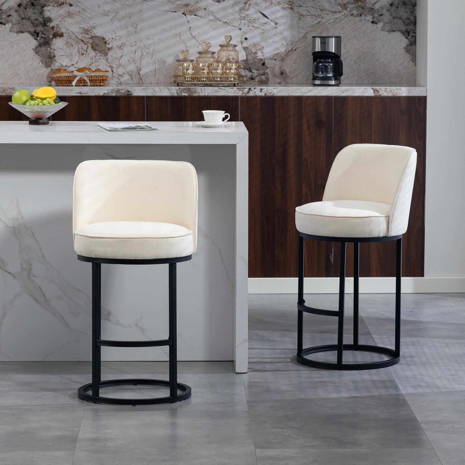 Start2Finish modern barrel upholstered accent bar stool with backrest, stylish home seating furniture, beige fabric and wooden legs.
