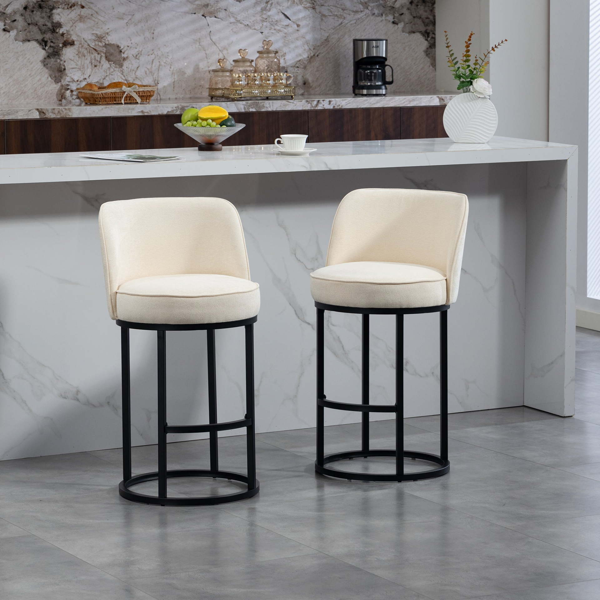 Modern Barrel Upholstered Accent Bar Stools with Backrest by Start2Finish, featuring stylish design and comfortable seating for home bar areas.
