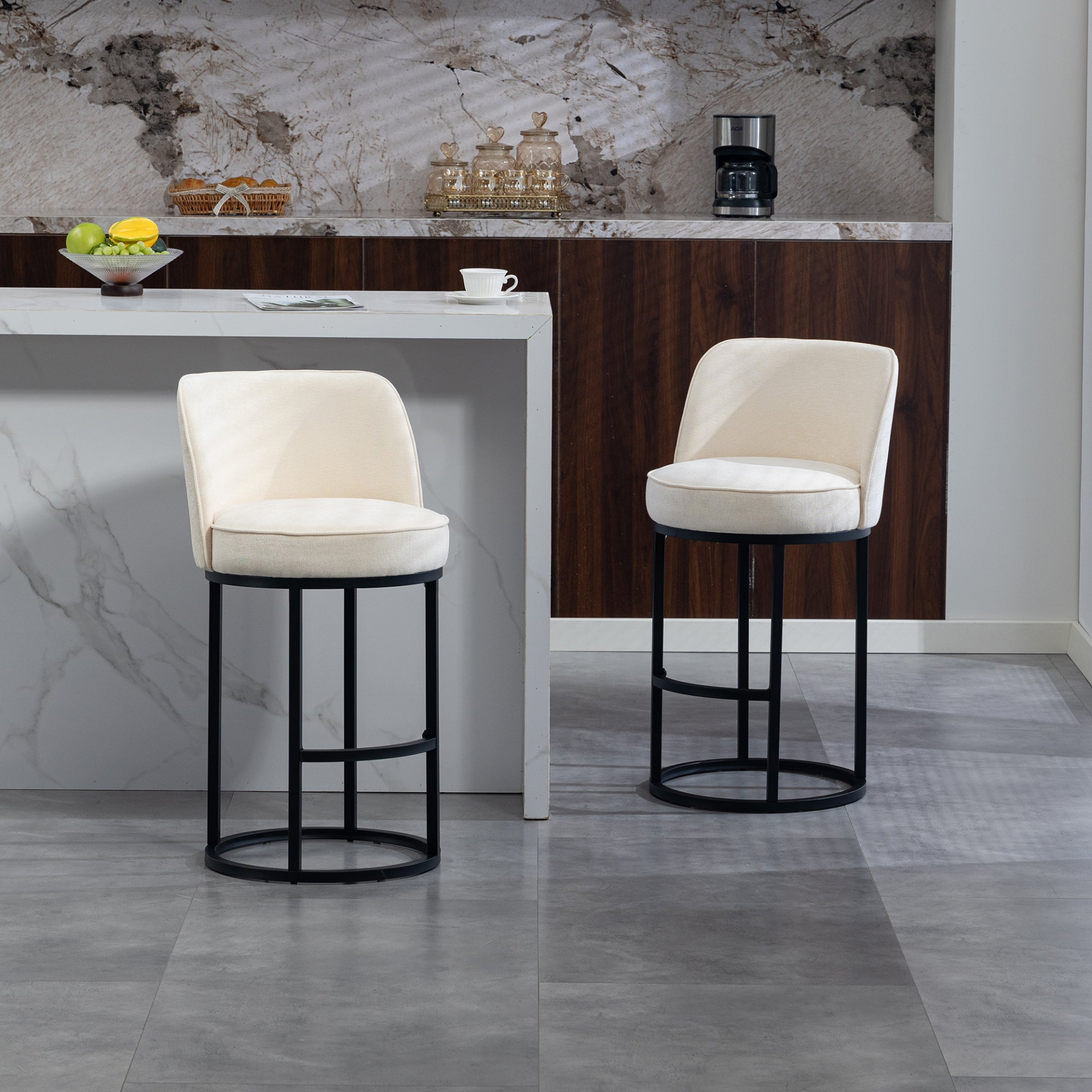 Start2Finish modern barrel upholstered accent bar stools with backrests, stylish home seating, featuring plush fabric and wooden legs.