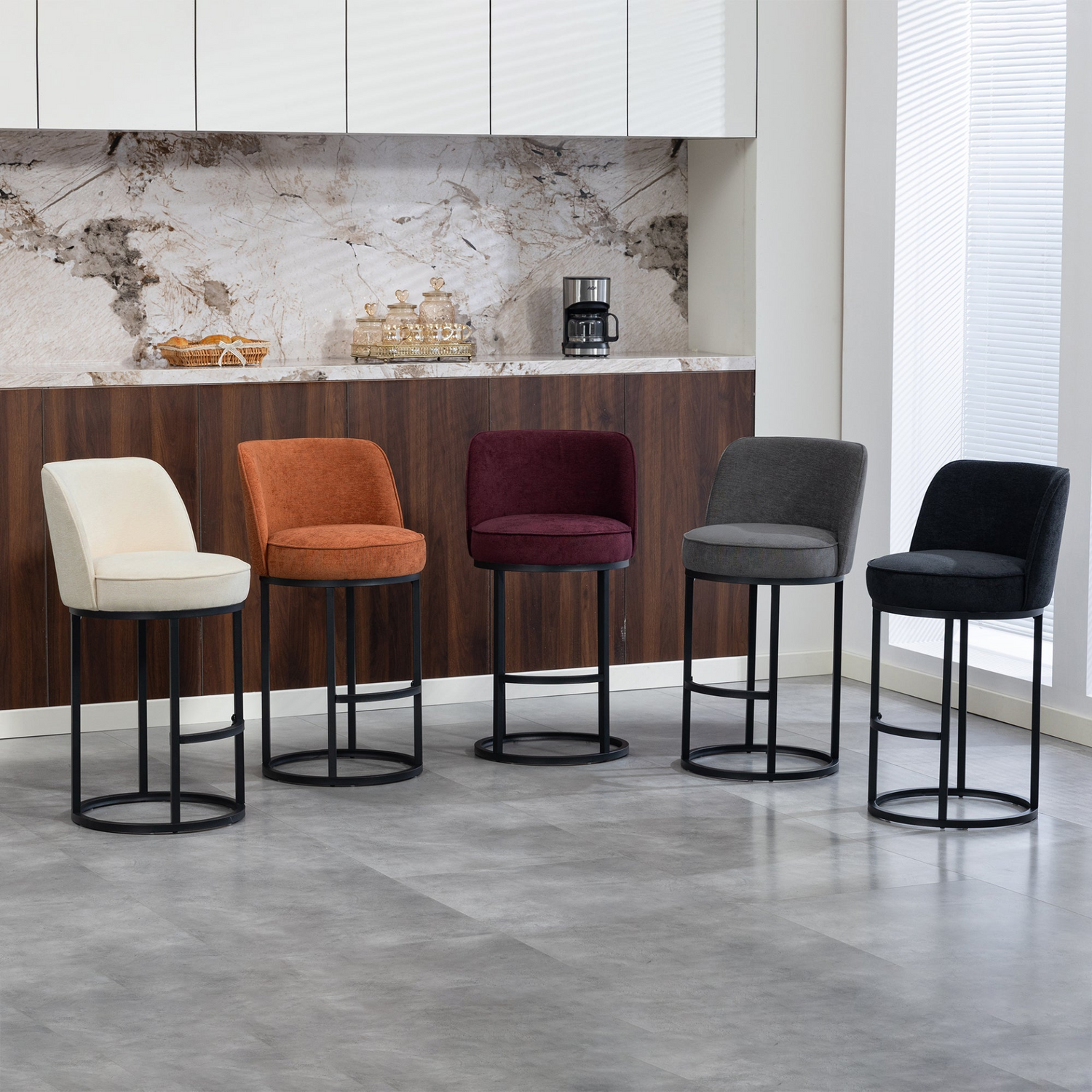 Modern barrel upholstered accent bar stool with backrest from Start2Finish, stylish home seating, featuring plush fabric and wooden legs.