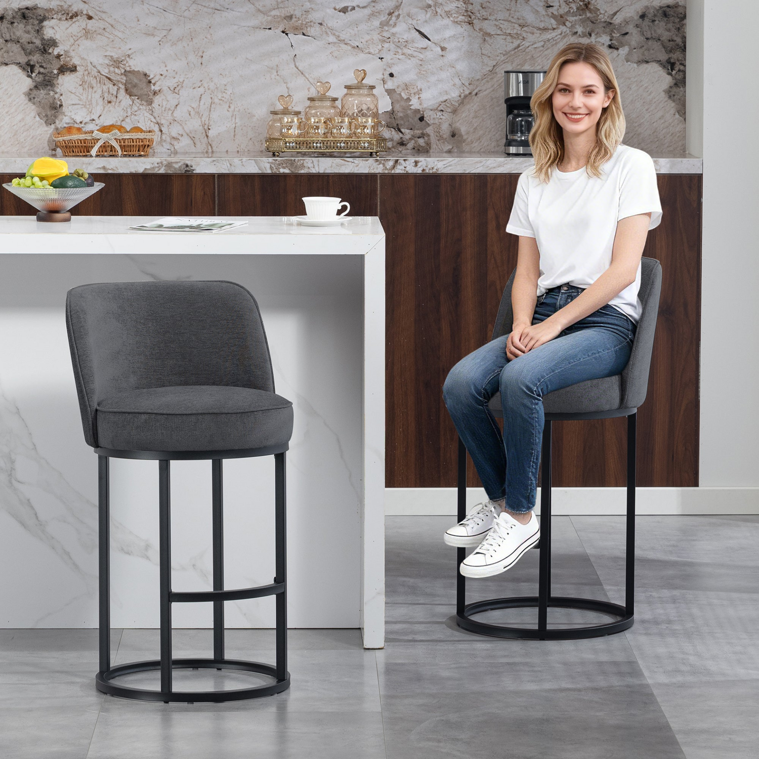 Modern barrel upholstered accent bar stool with backrest, stylish home seating from Start2Finish, featuring plush fabric and sleek design.