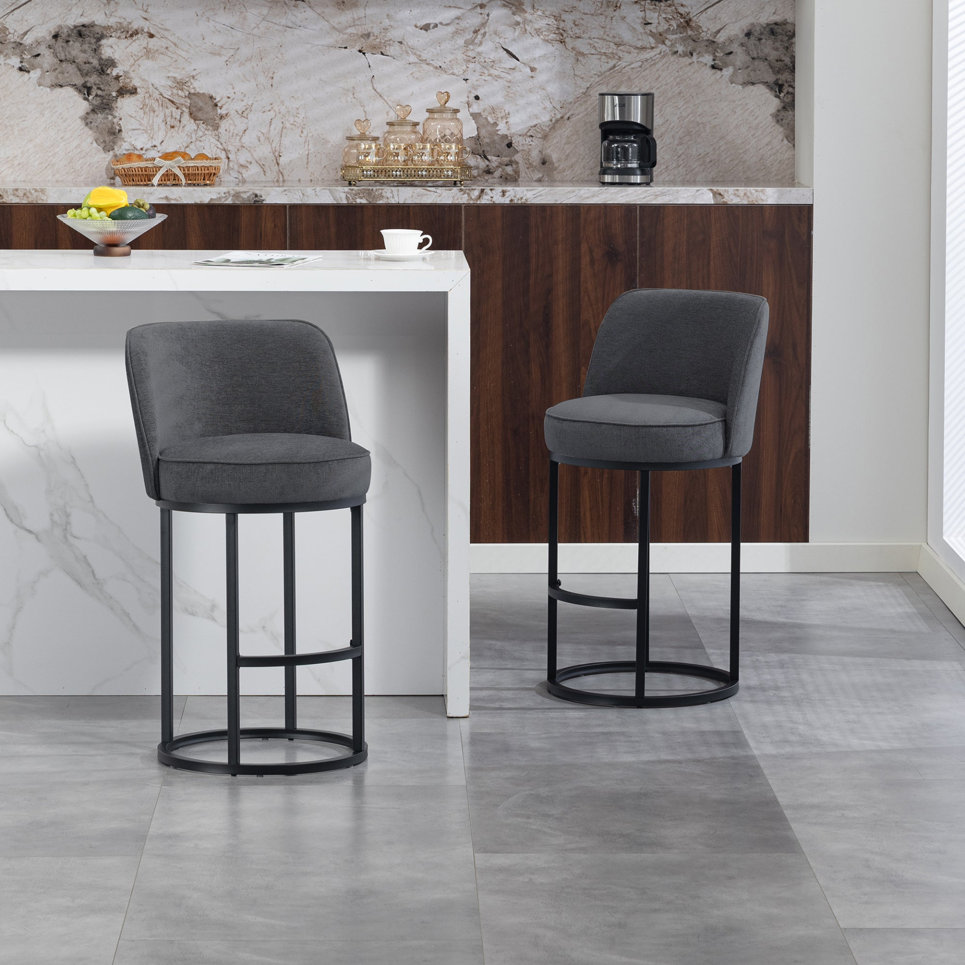 Modern Start2Finish upholstered barrel accent bar stools with backrests, stylish home seating furniture.