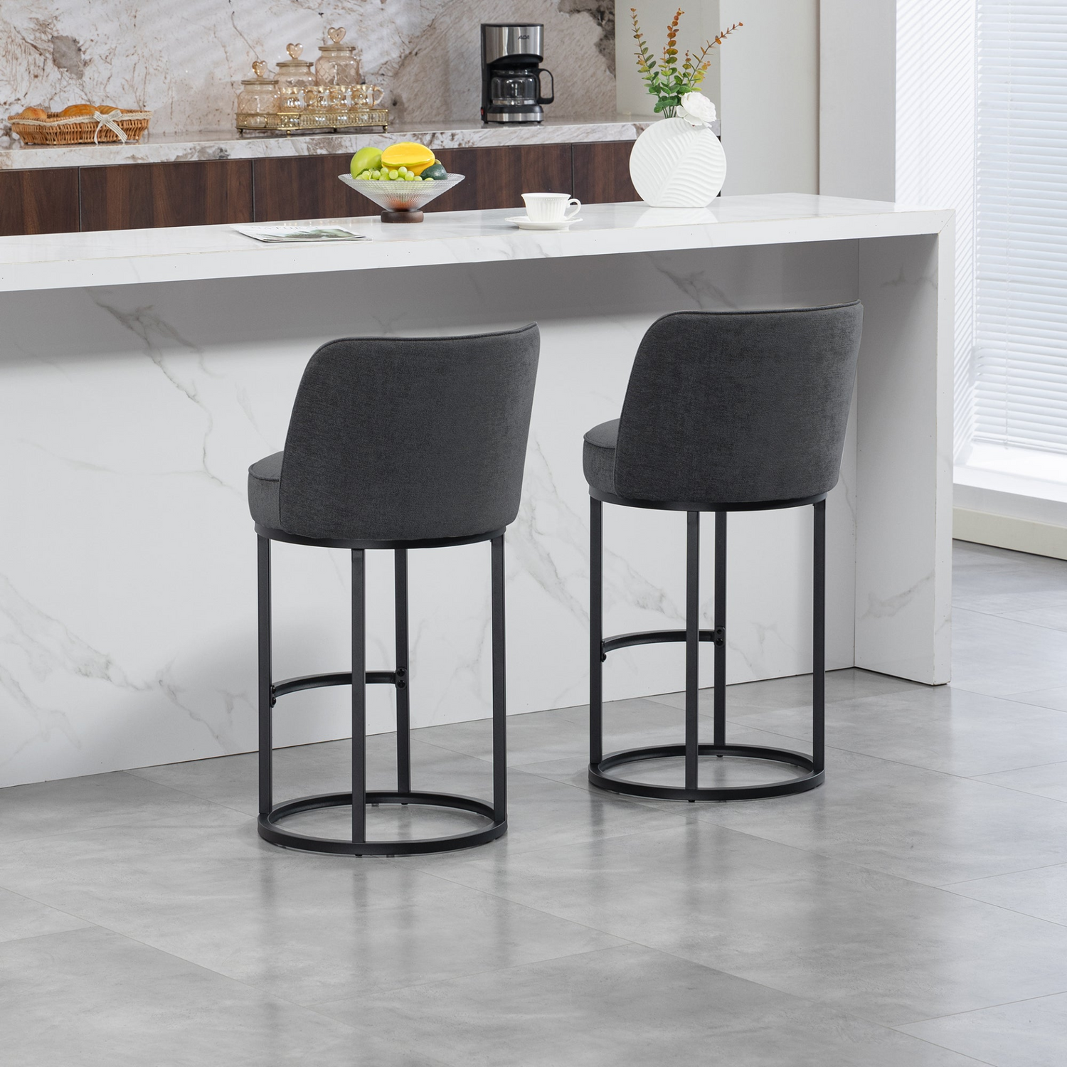 Modern Start2Finish upholstered barrel accent bar stool with backrest, stylish home seating in a contemporary furniture design.