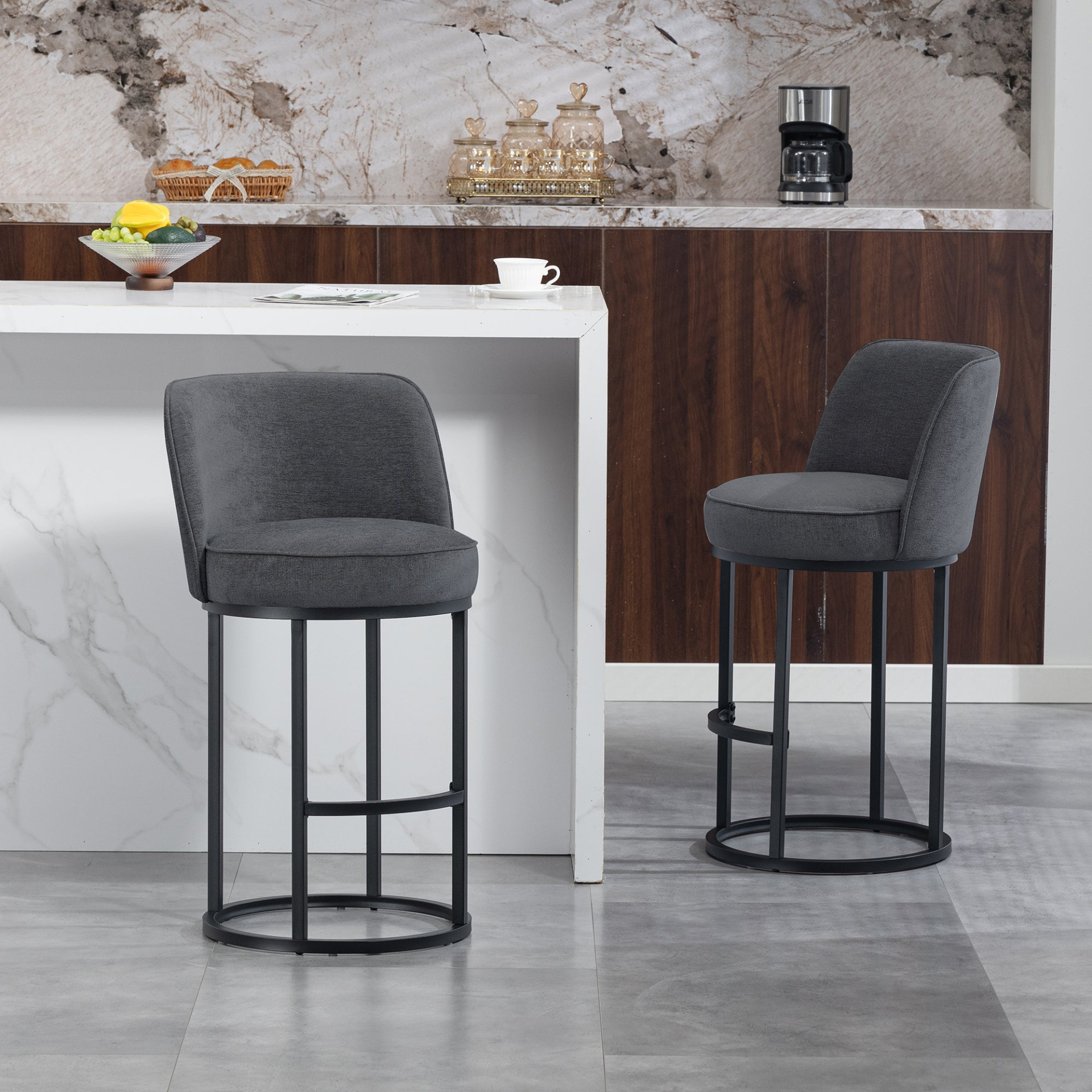 Modern barrel-shaped upholstered accent bar stool with backrest, featuring stylish fabric and wooden legs for home seating.