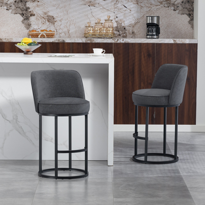 Modern barrel-shaped upholstered accent bar stool with backrest, featuring stylish fabric and wooden legs for home seating.