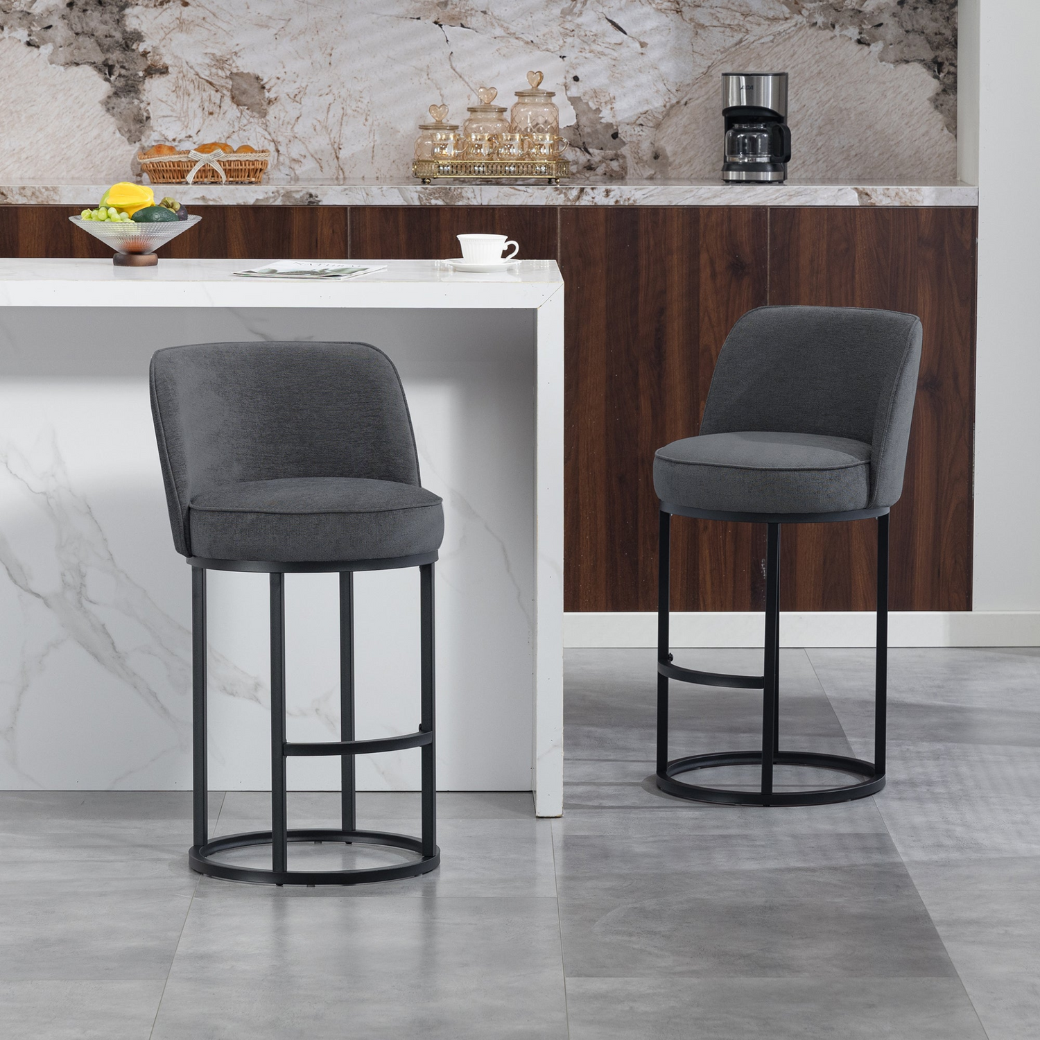 Modern barrel upholstered accent bar stools with backrests, stylish home seating by Start2Finish, featuring plush fabric and sleek design.