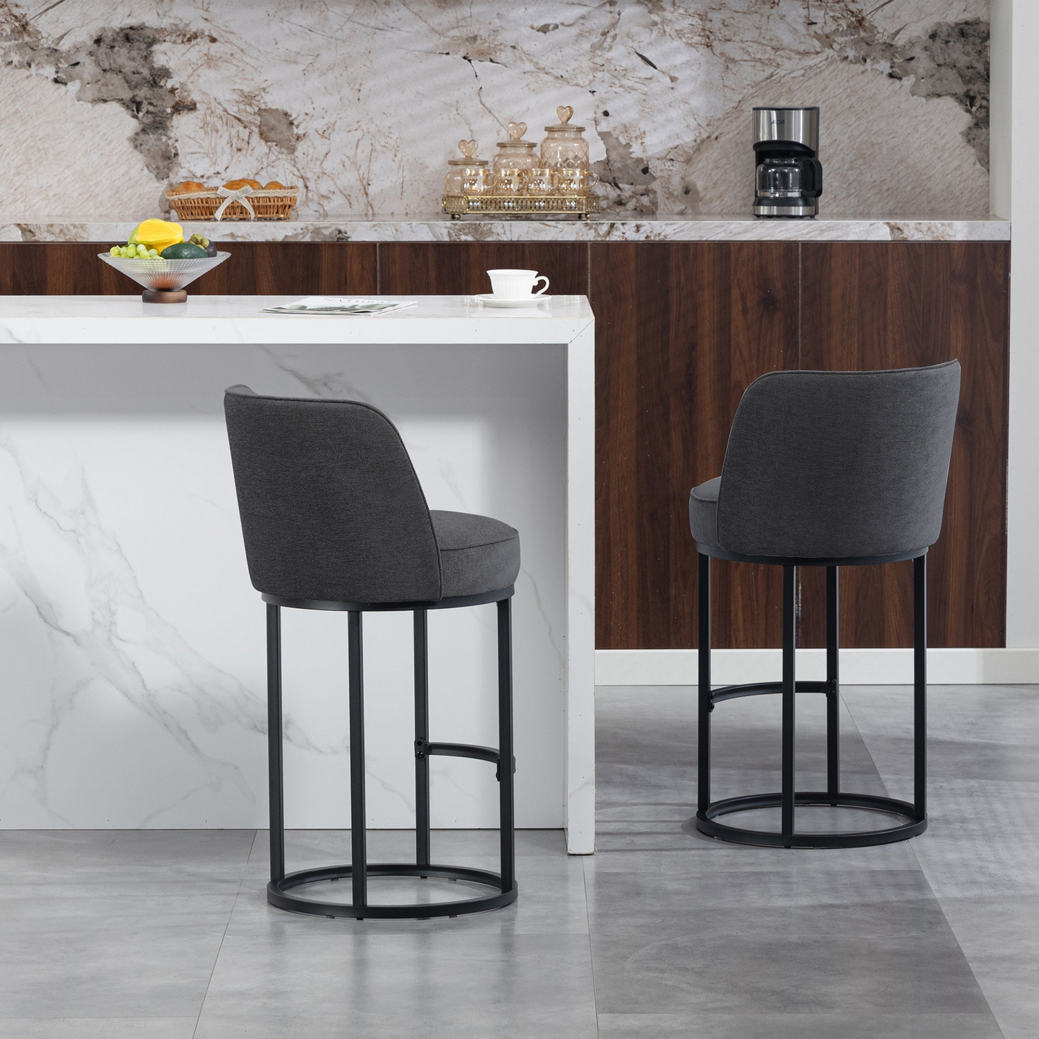 Modern barrel upholstered accent bar stool with backrest from Start2Finish, stylish home seating furniture in neutral fabric.