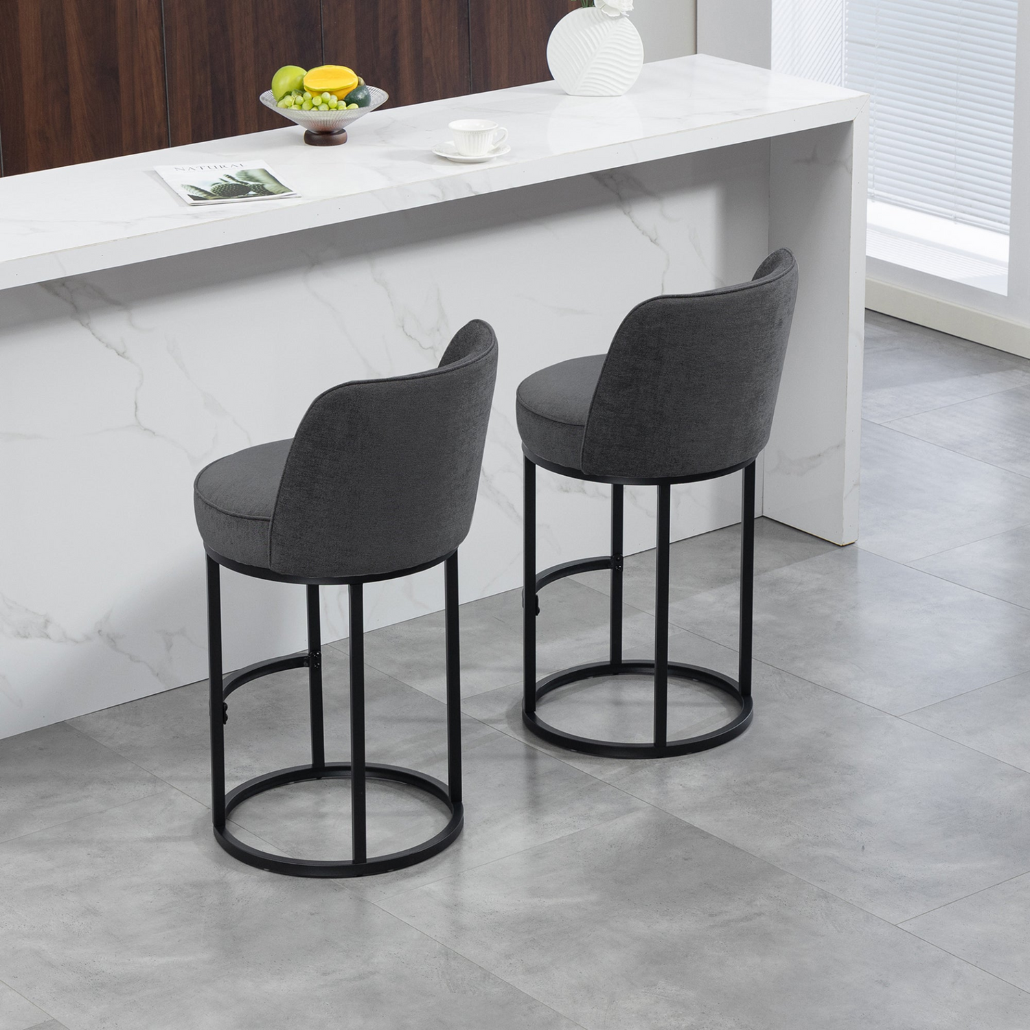 Modern barrel-shaped upholstered accent bar stools with backrests, featuring stylish home seating from Start2Finish.