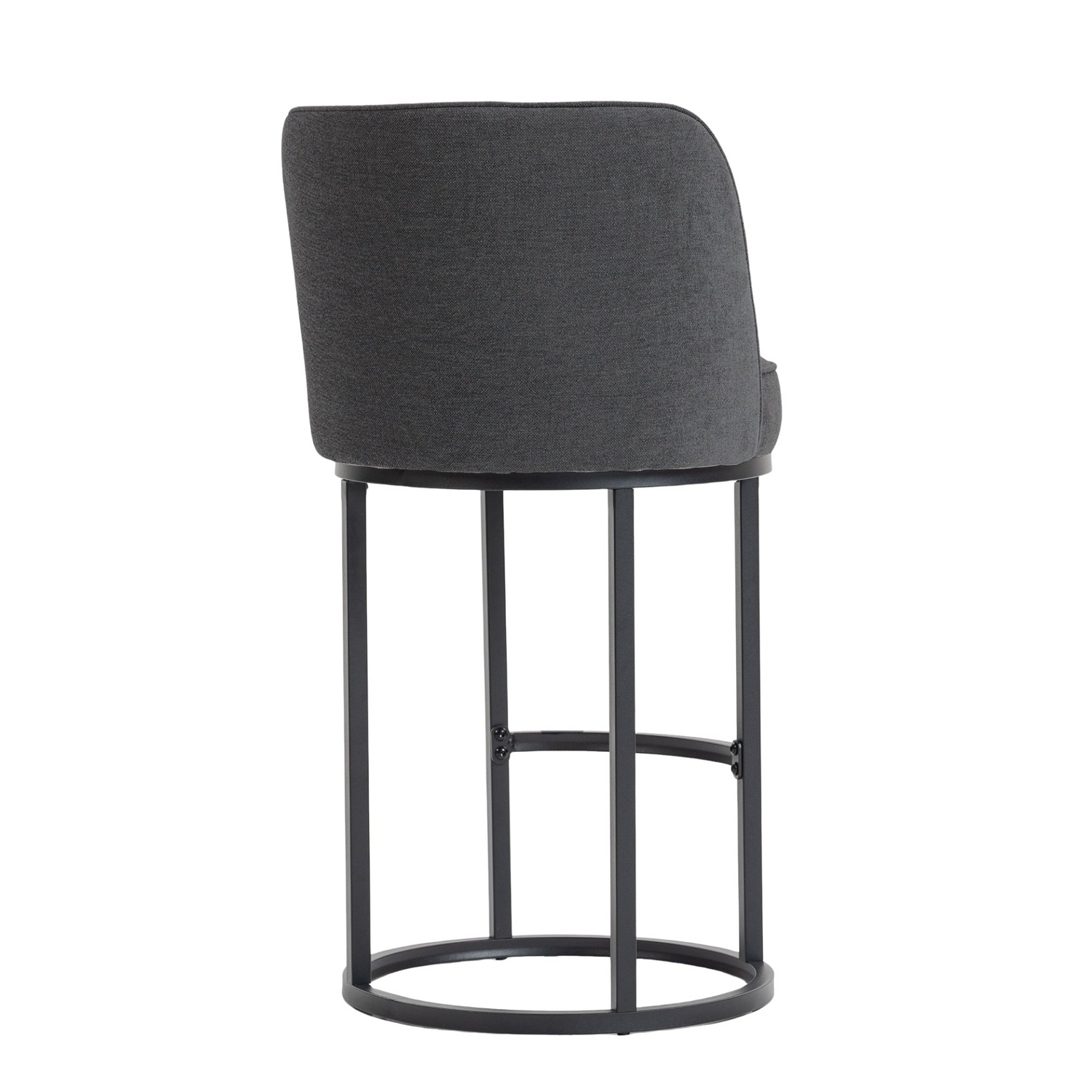 Modern barrel upholstered accent bar stool with backrest, featuring stylish fabric and wooden legs for home seating.