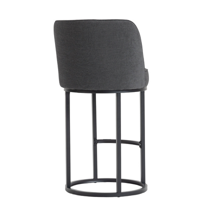 Modern barrel upholstered accent bar stool with backrest, featuring stylish fabric and wooden legs for home seating.