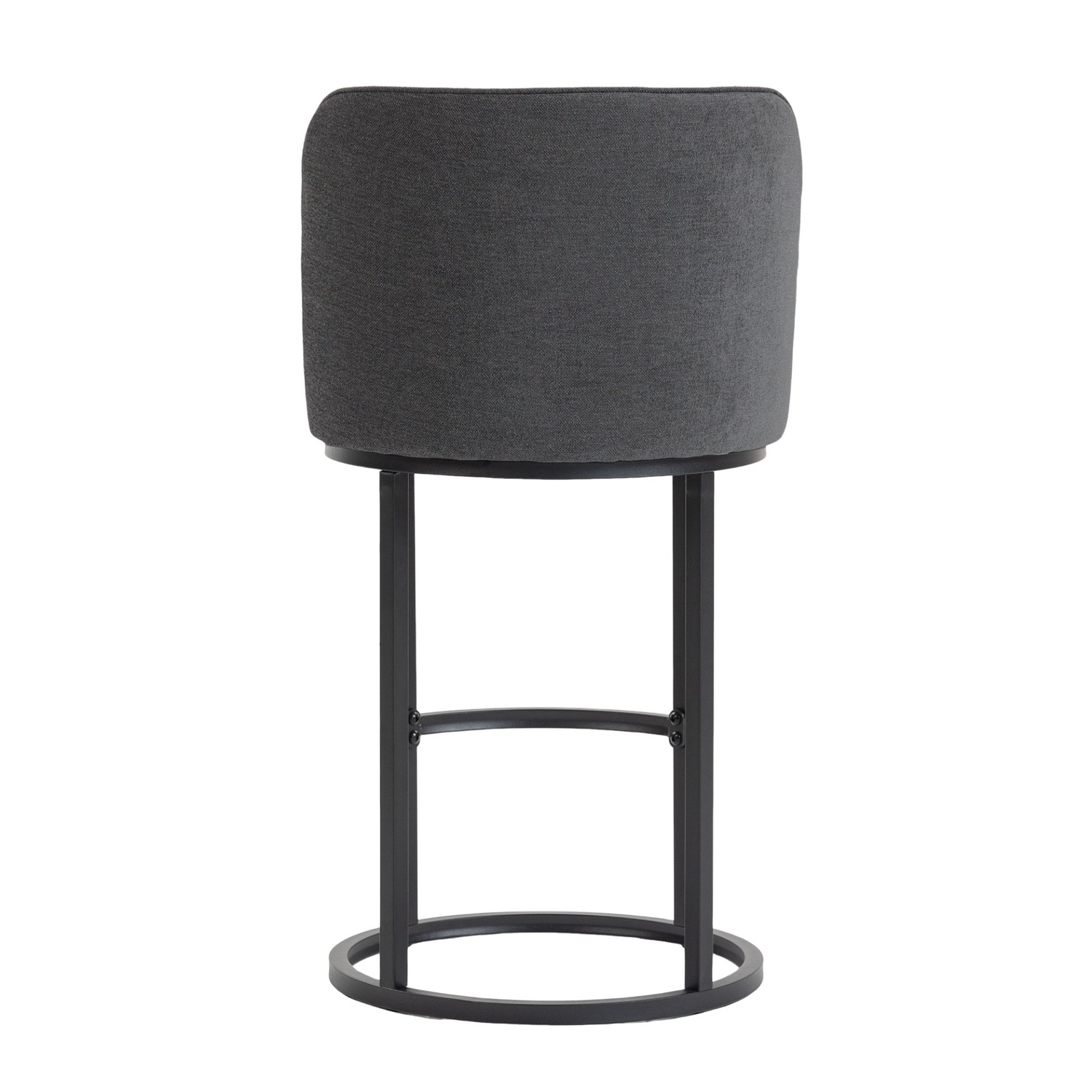 Modern barrel-shaped upholstered accent bar stool with backrest, featuring stylish wooden legs for home seating.