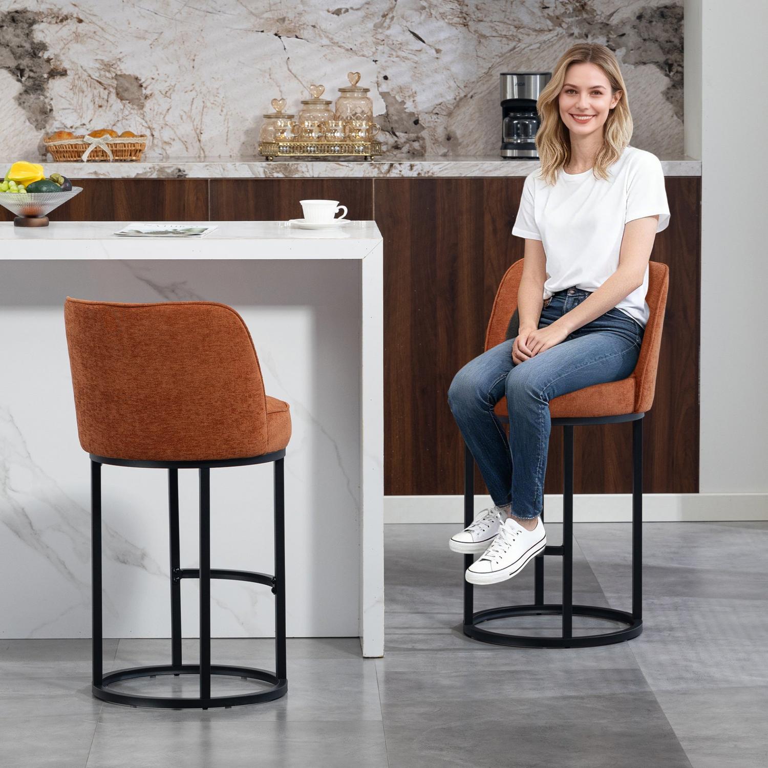 Modern barrel-shaped upholstered accent bar stool with backrest from Start2Finish, ideal for stylish home seating.