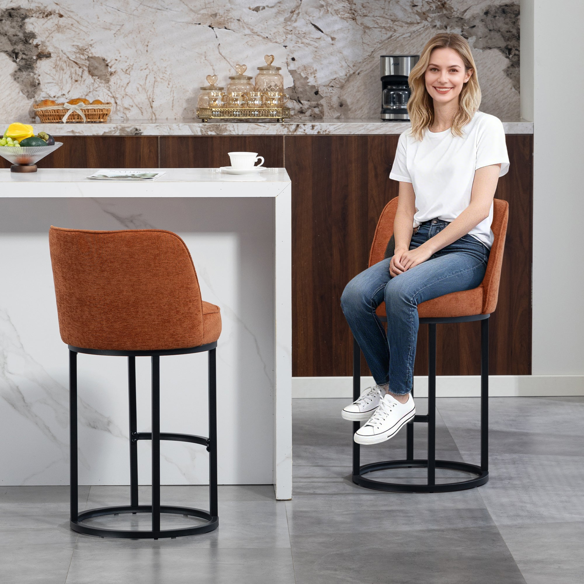 Modern barrel-shaped upholstered accent bar stool with backrest from Start2Finish, ideal for stylish home seating.