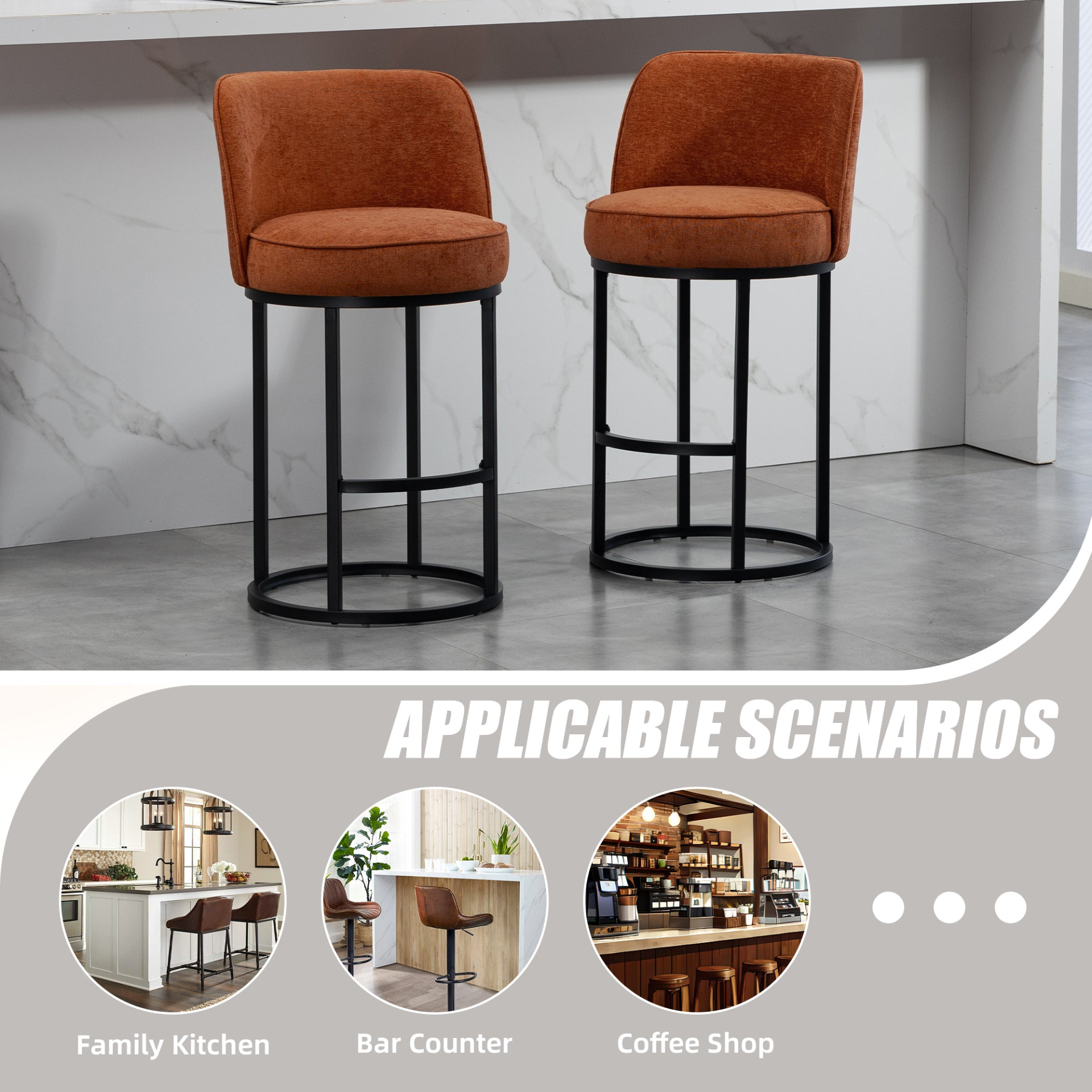 Start2Finish modern barrel upholstered accent bar stools with backrests, stylish home seating furniture in a contemporary design.
