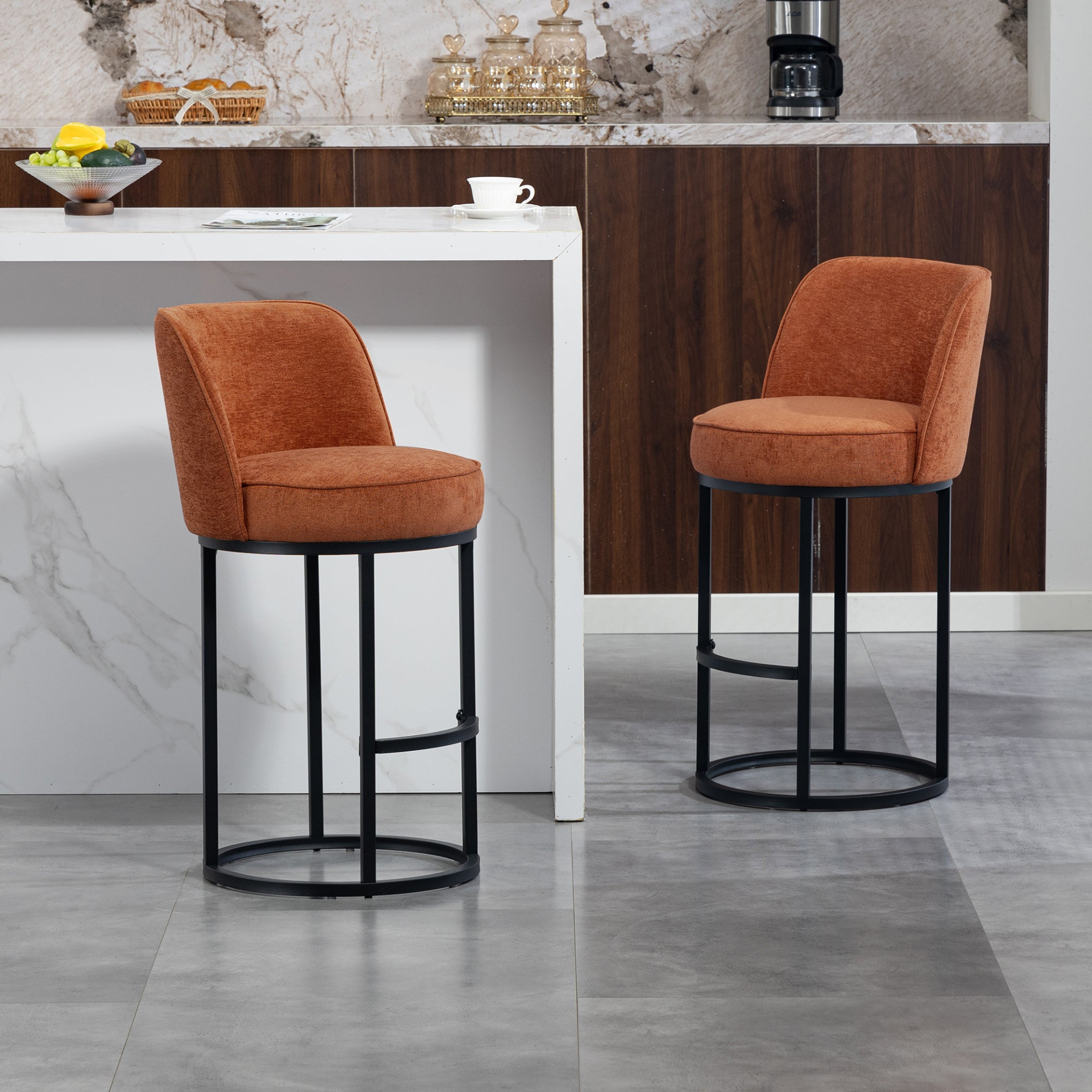 Modern Barrel upholstered accent bar stool with backrest from Start2Finish, showcasing stylish home seating with cushioned fabric and wooden legs.