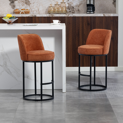 Modern Barrel upholstered accent bar stool with backrest from Start2Finish, showcasing stylish home seating with cushioned fabric and wooden legs.