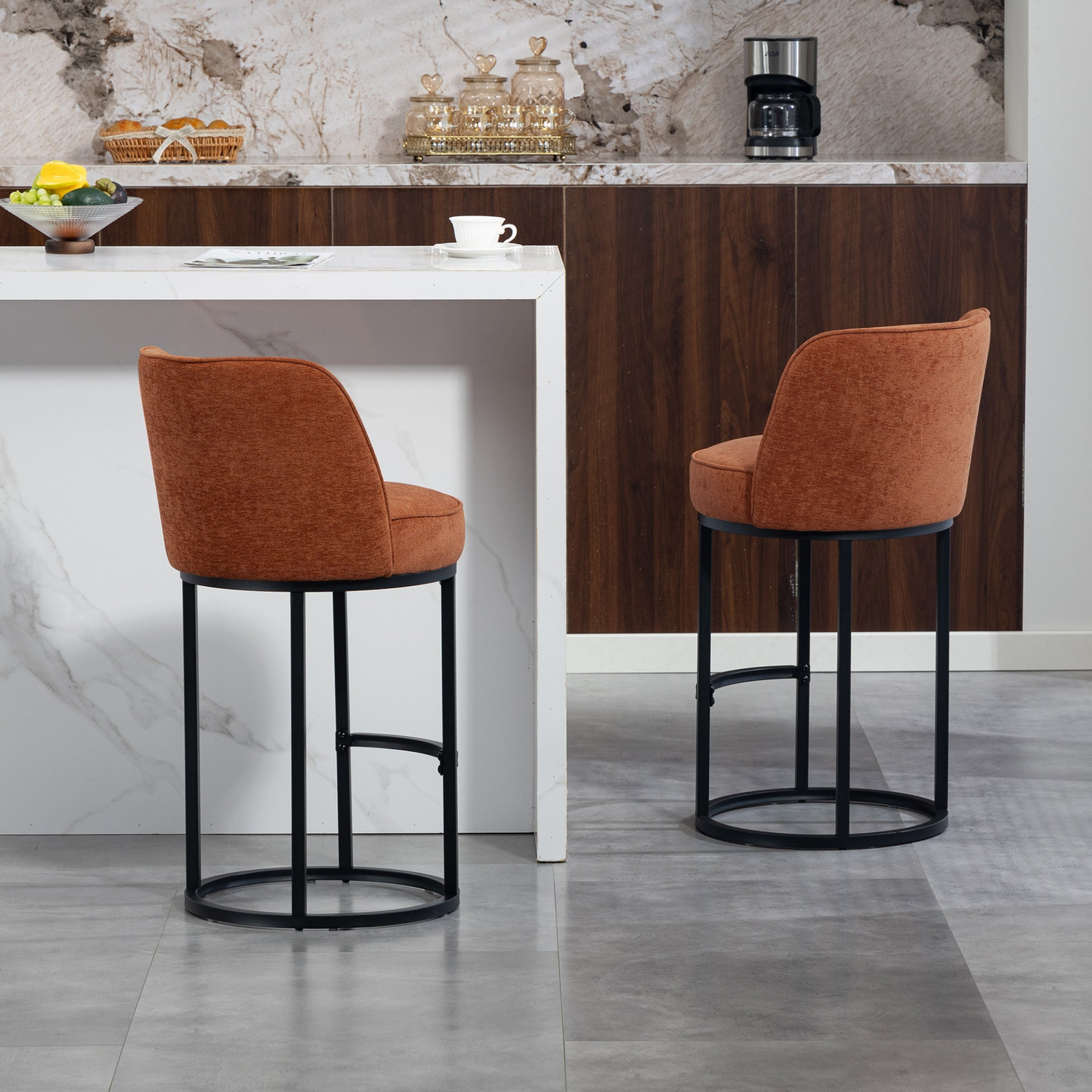 Modern barrel-style upholstered accent bar stool with backrest, featuring stylish fabric upholstery and wooden legs for comfortable home seating.