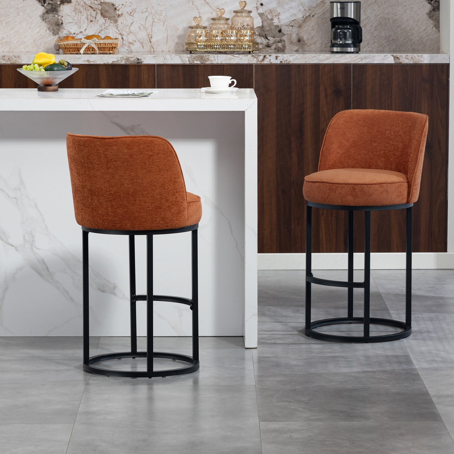 Modern barrel upholstered accent bar stool with backrest, stylish home furniture by Start2Finish, featuring plush cushioning and sleek design.