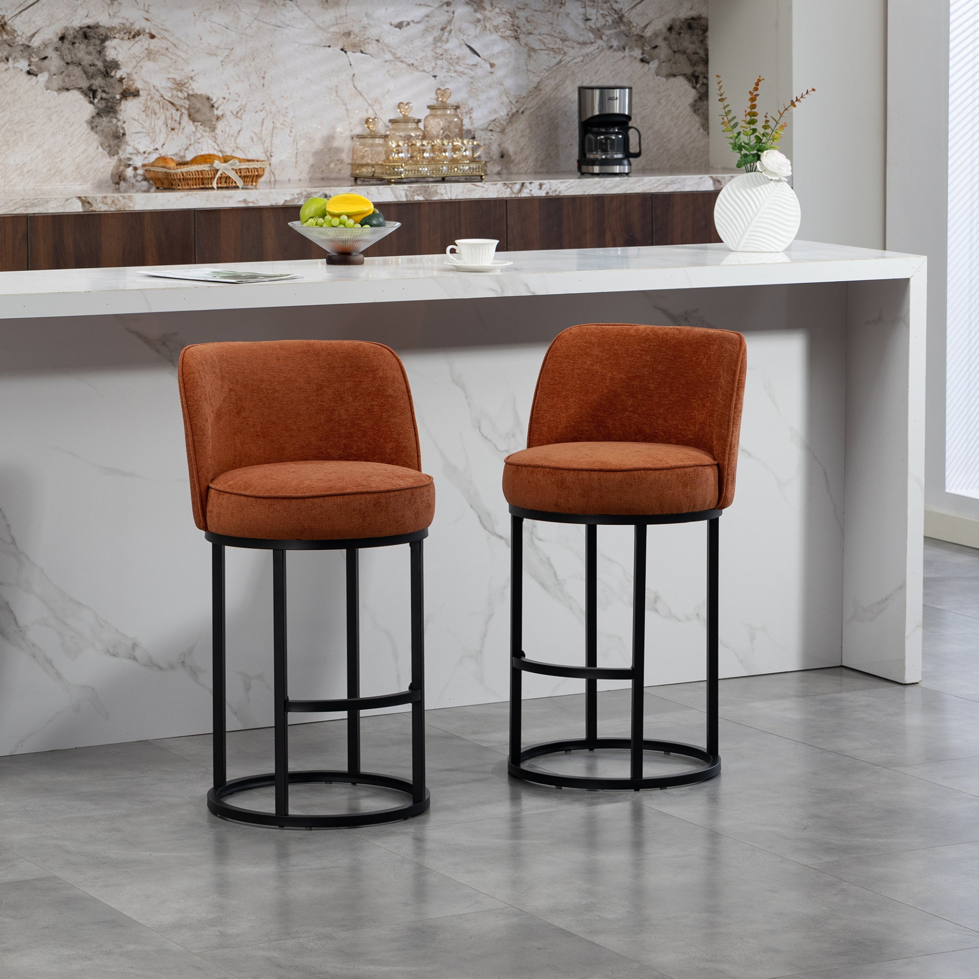 Modern barrel upholstered accent bar stools with backrest in stylish home furniture, featuring a sleek design and comfortable seating.