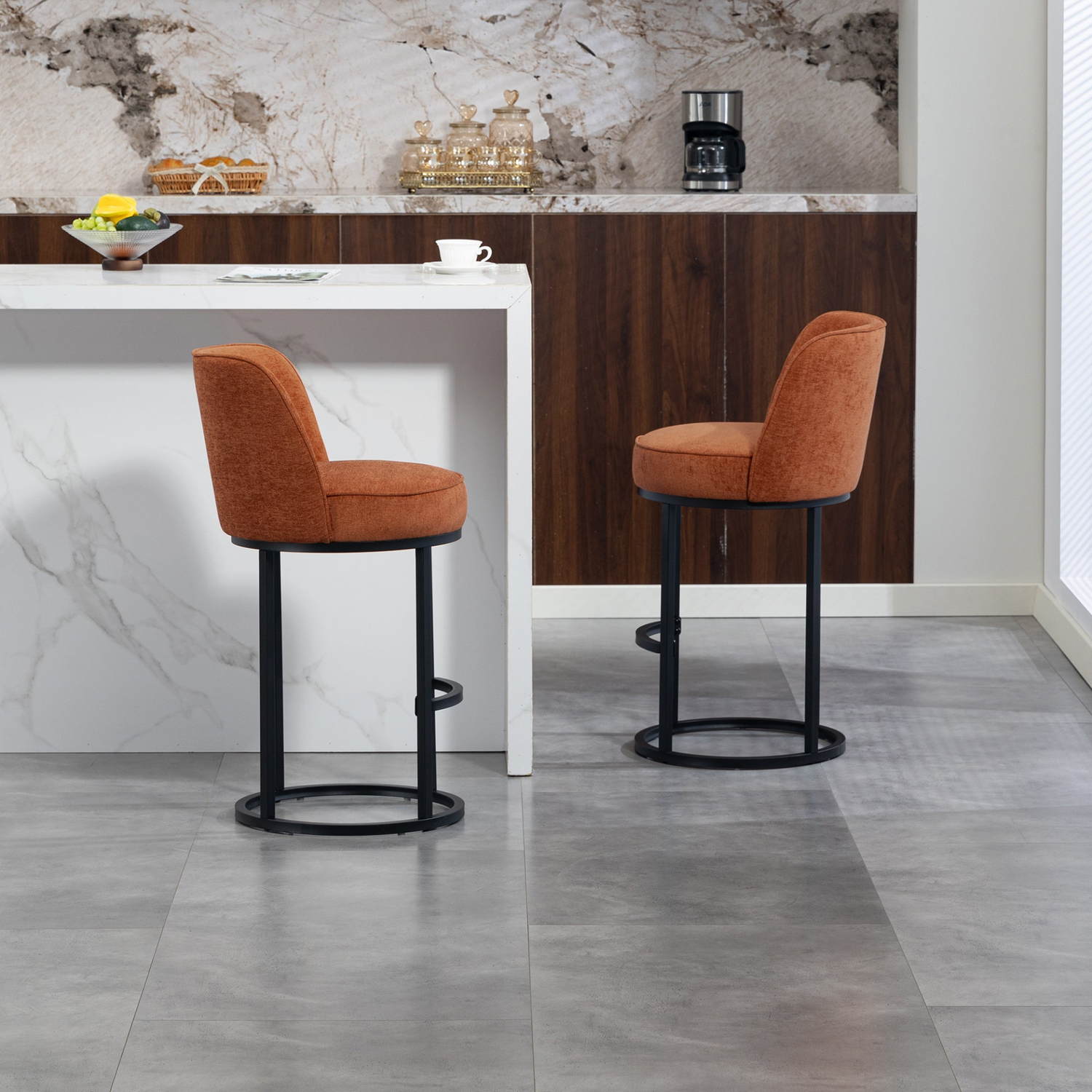 Modern barrel upholstered accent bar stool with backrest, stylish home seating by Start2Finish.