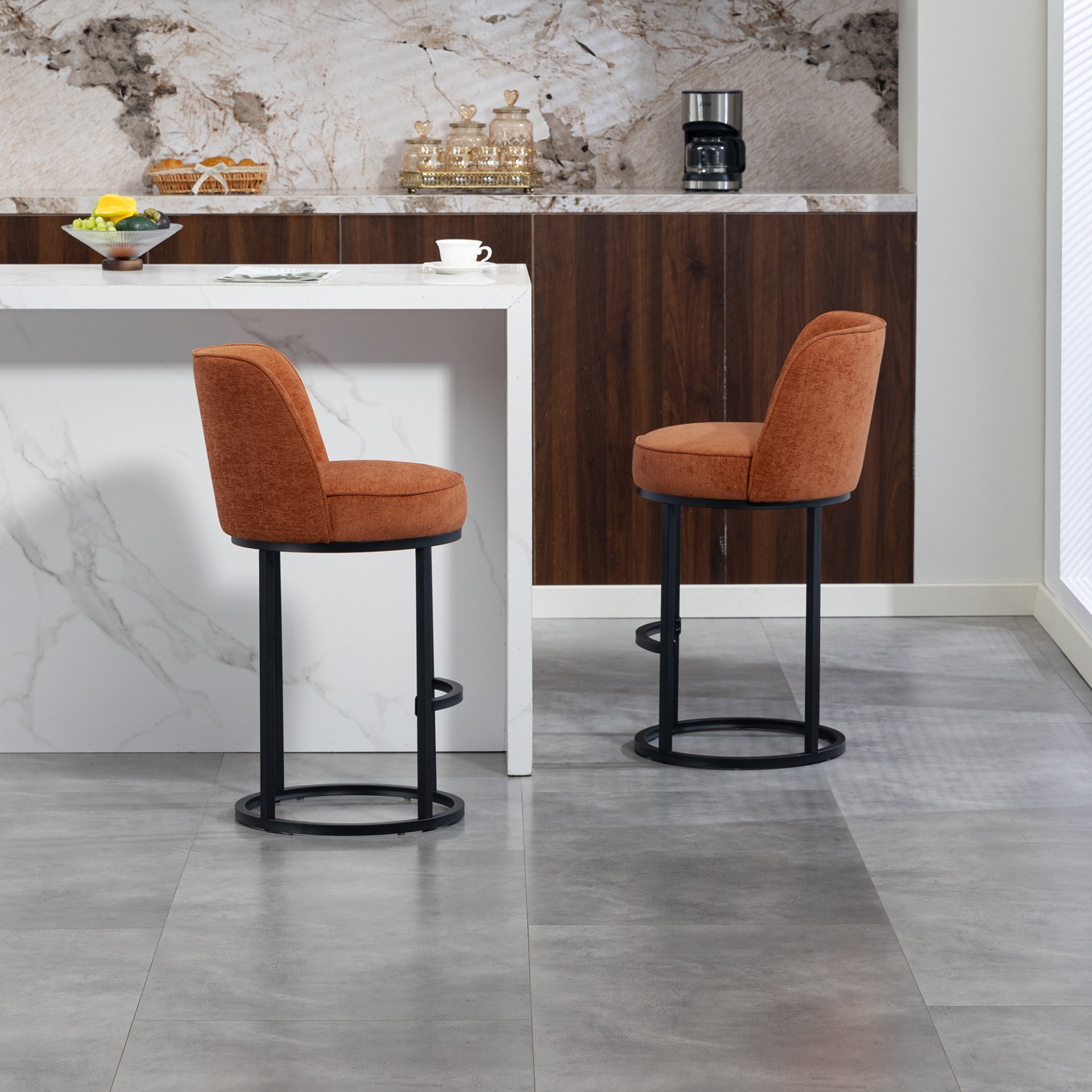 Modern barrel upholstered accent bar stool with backrest, stylish home seating by Start2Finish.