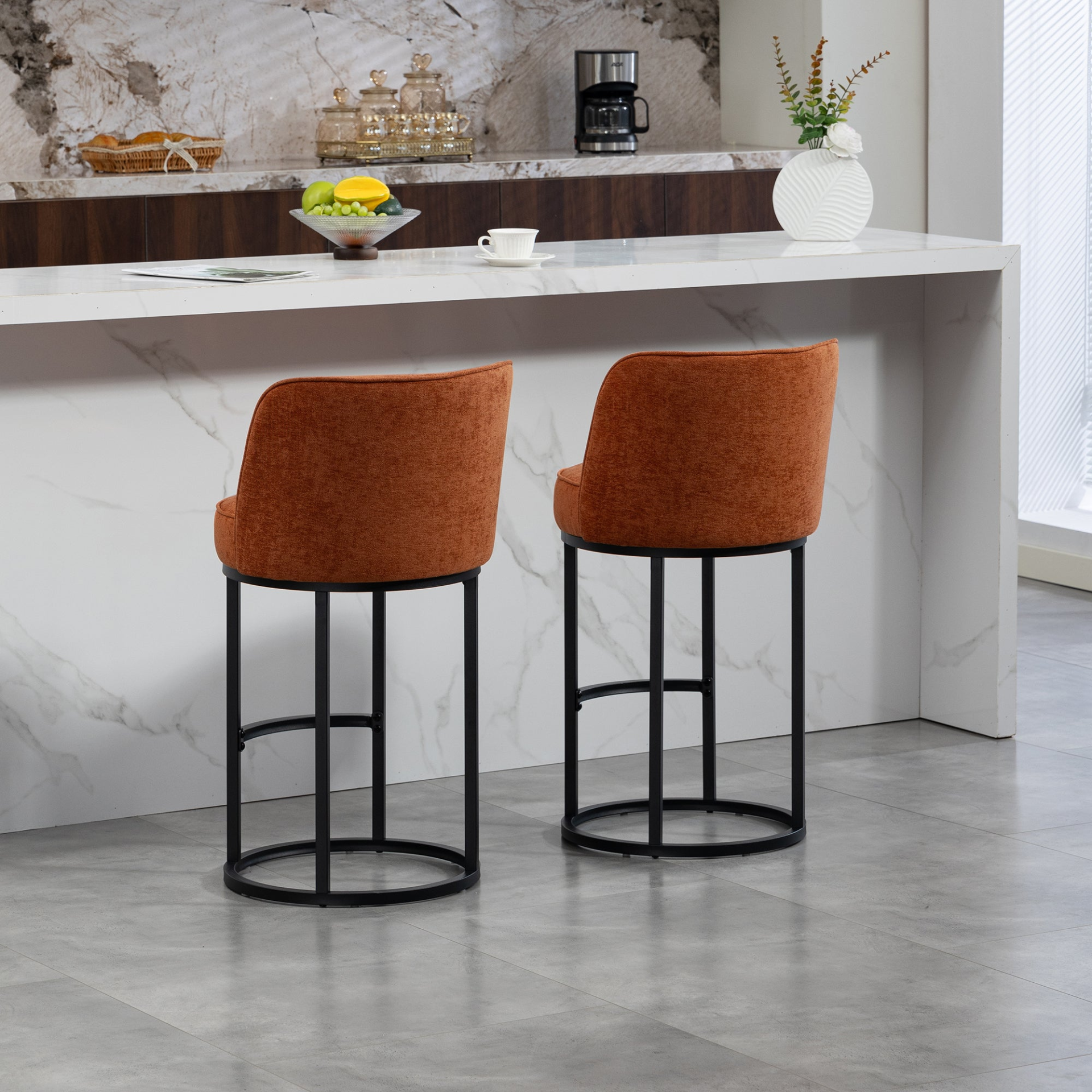 Modern barrel-shaped upholstered bar stool with backrest, stylish home furniture by Start2Finish, featuring a comfortable seat and sleek design.