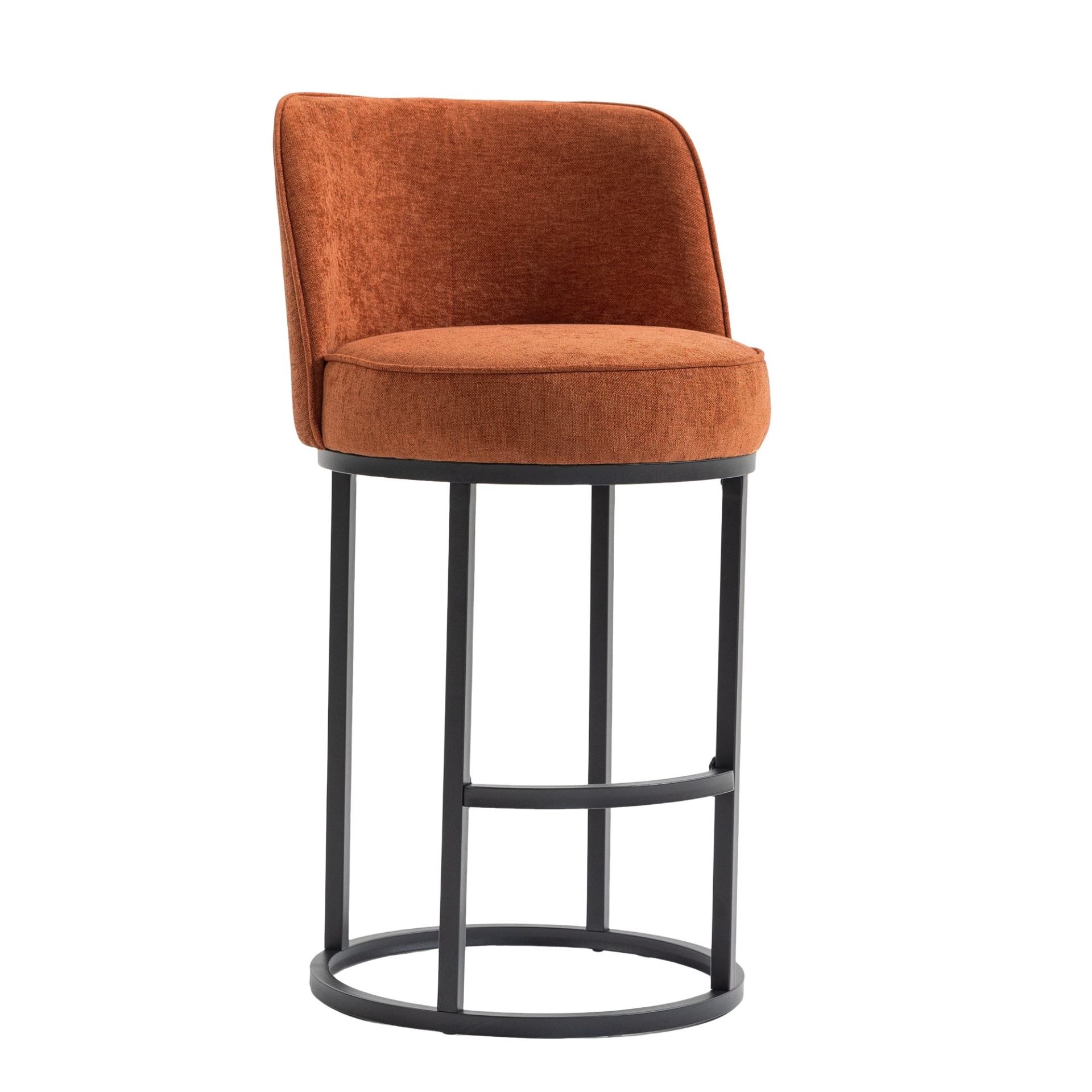 Modern barrel upholstered accent bar stools with backrests, featuring stylish furniture design for home seating by Start2Finish.