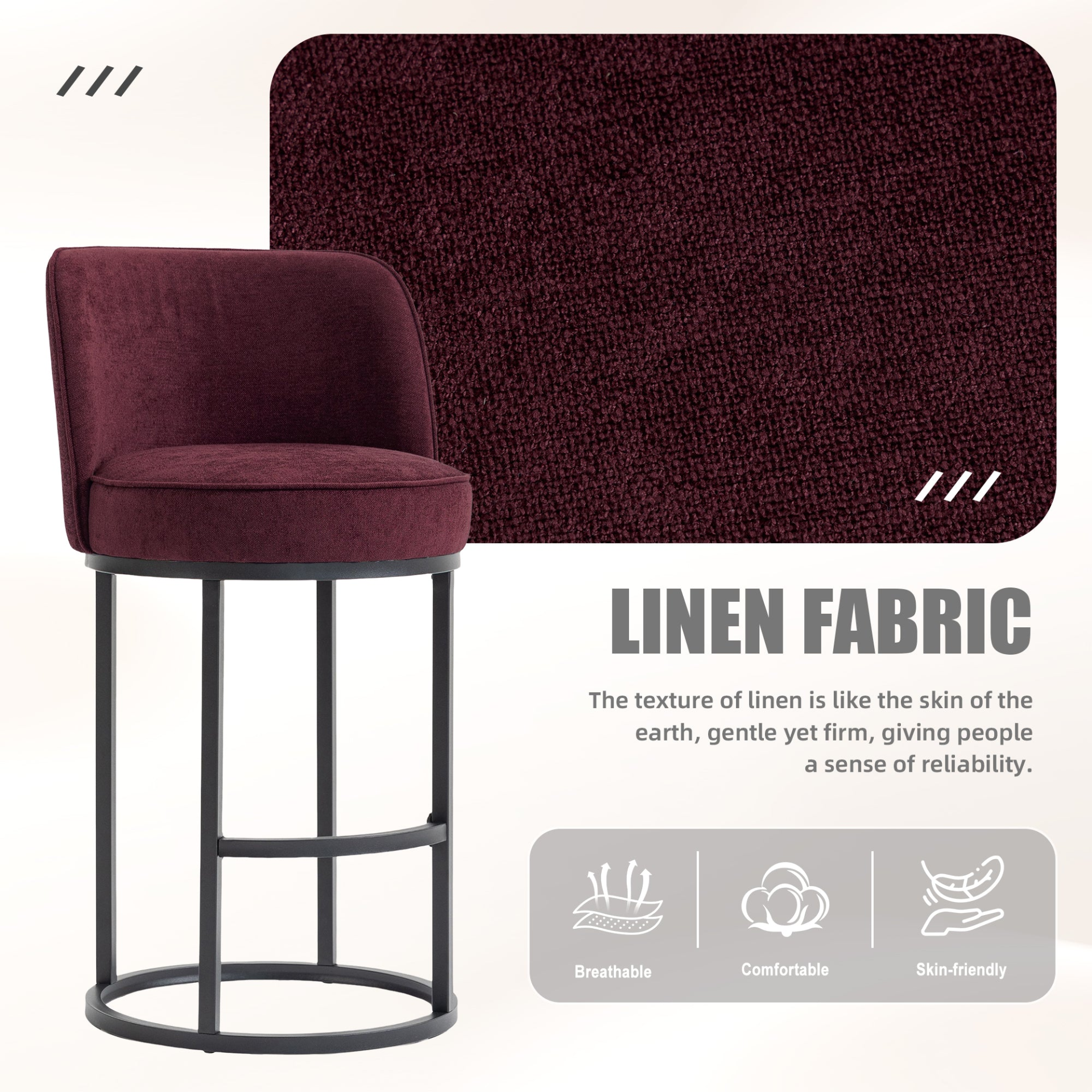 Modern barrel upholstered accent bar stool with backrest, featuring stylish fabric and sturdy wooden legs for home seating.